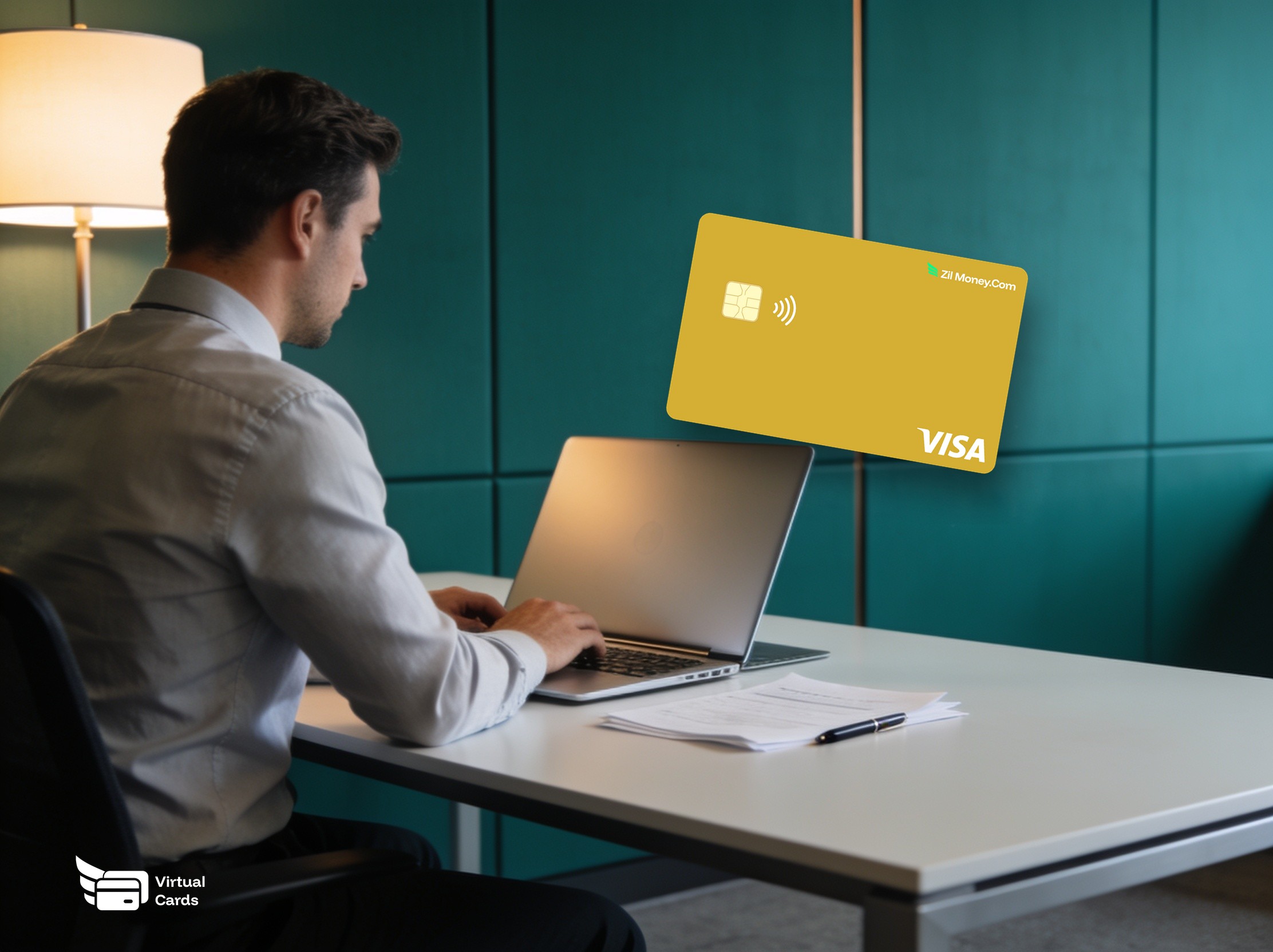 An accounts payable professional working on a laptop with a gold Zil Money virtual Visa card, representing AP automation with virtual cards.
