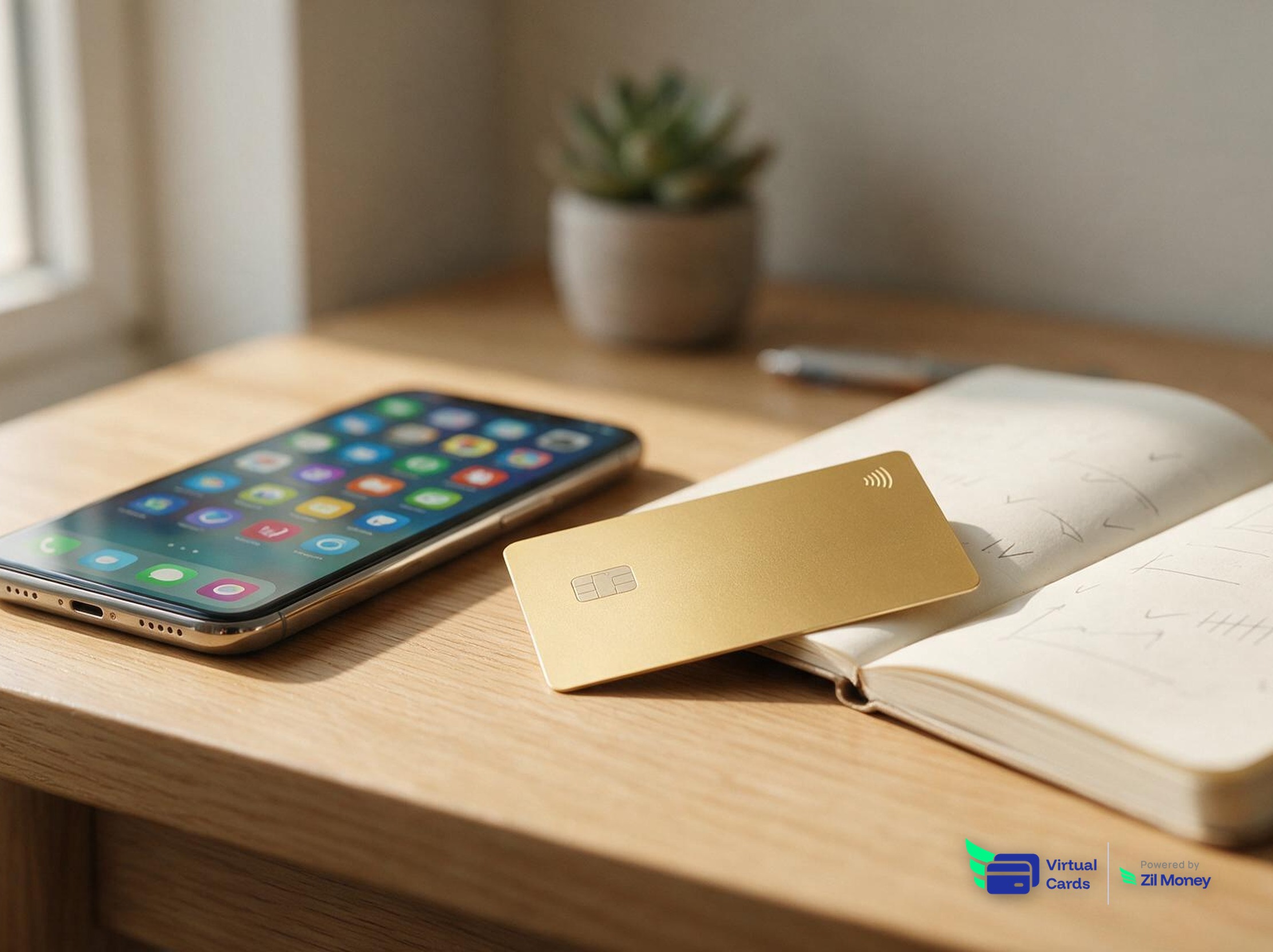 A desk scene with a phone showing rows of subscription app icons next to a gold Zil Money virtual Visa card and a notebook, representing a SaaS subscription audit.