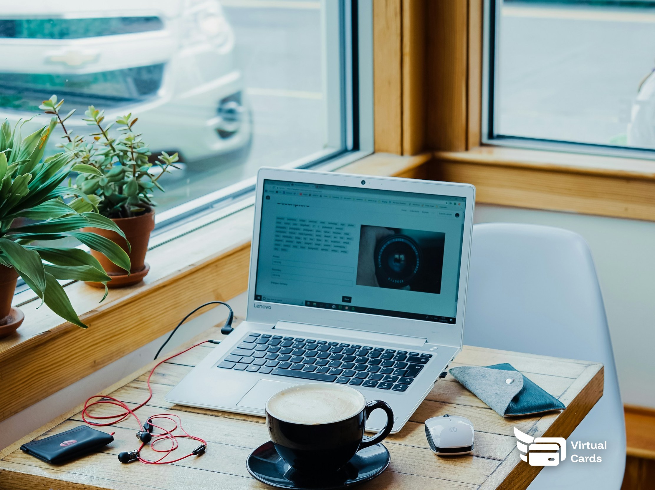 Freelancer's laptop and coffee on a desk, representing a clean setup for choosing a virtual card