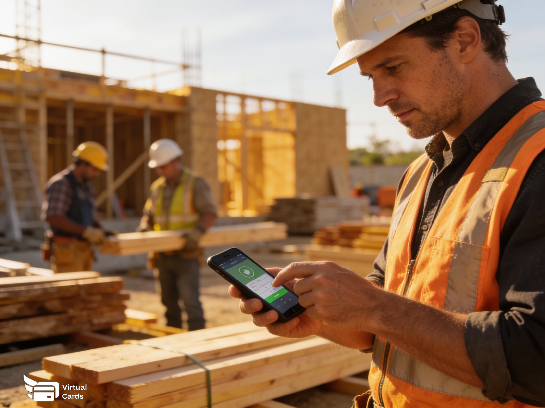 Construction workers on a job site, one checking a smartphone for a payment approval while buying materials.