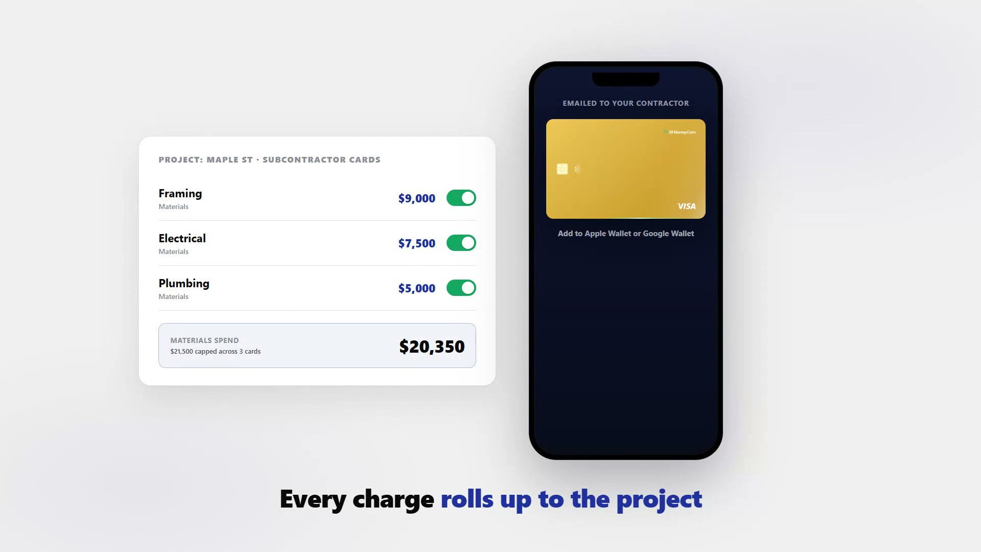 The Virtual Card Maker screen showing three scoped contractor cards for one project rolling up to a single materials-spend total, with the gold Zil Money virtual Visa card.