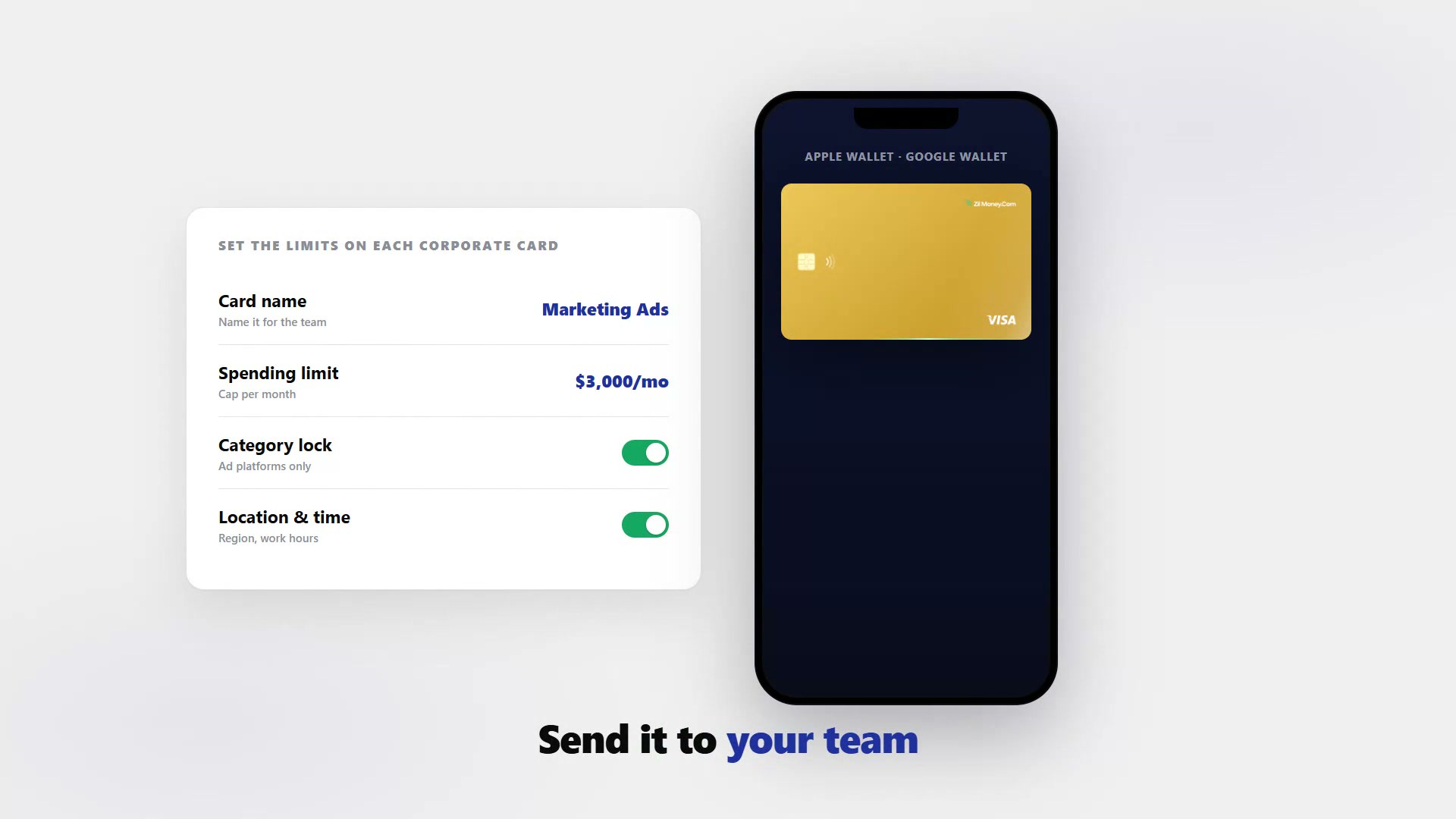 The Virtual Card Maker screen showing a corporate card's monthly limit and category and location locks, with the gold Zil Money virtual Visa card in a phone wallet.