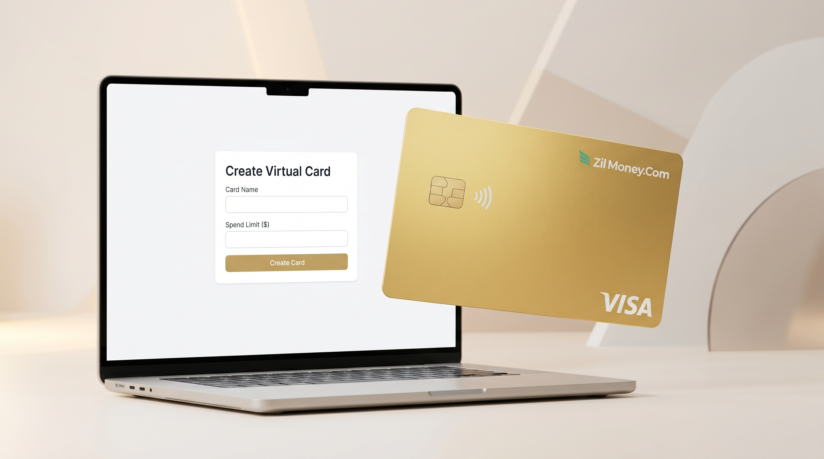 The Virtual Card Maker create-a-card screen showing the card name, spend limit, and merchant category and date rules, with the gold Zil Money virtual Visa card ready to add to a phone wallet.