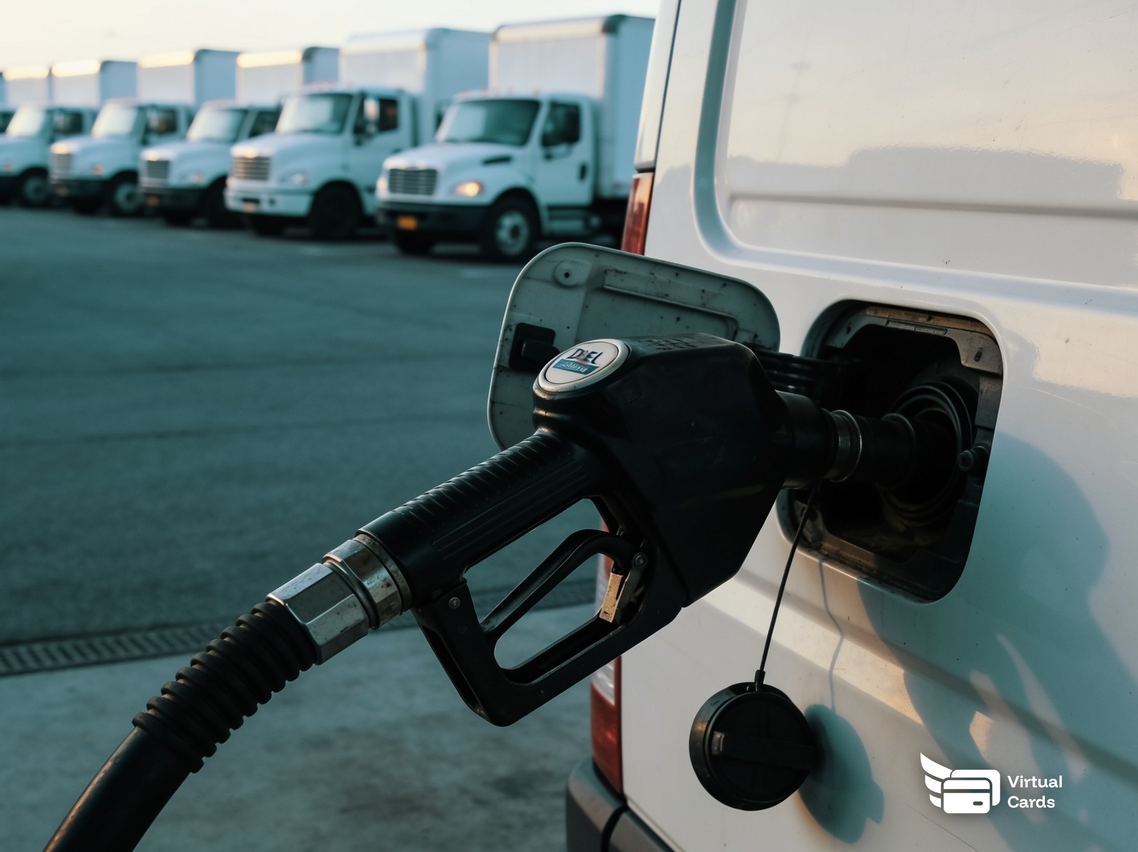 A diesel fuel nozzle refueling a white commercial fleet van at a fueling yard, with a row of parked box trucks in the background at sunrise, representing controlling fleet and fuel spend with virtual cards.