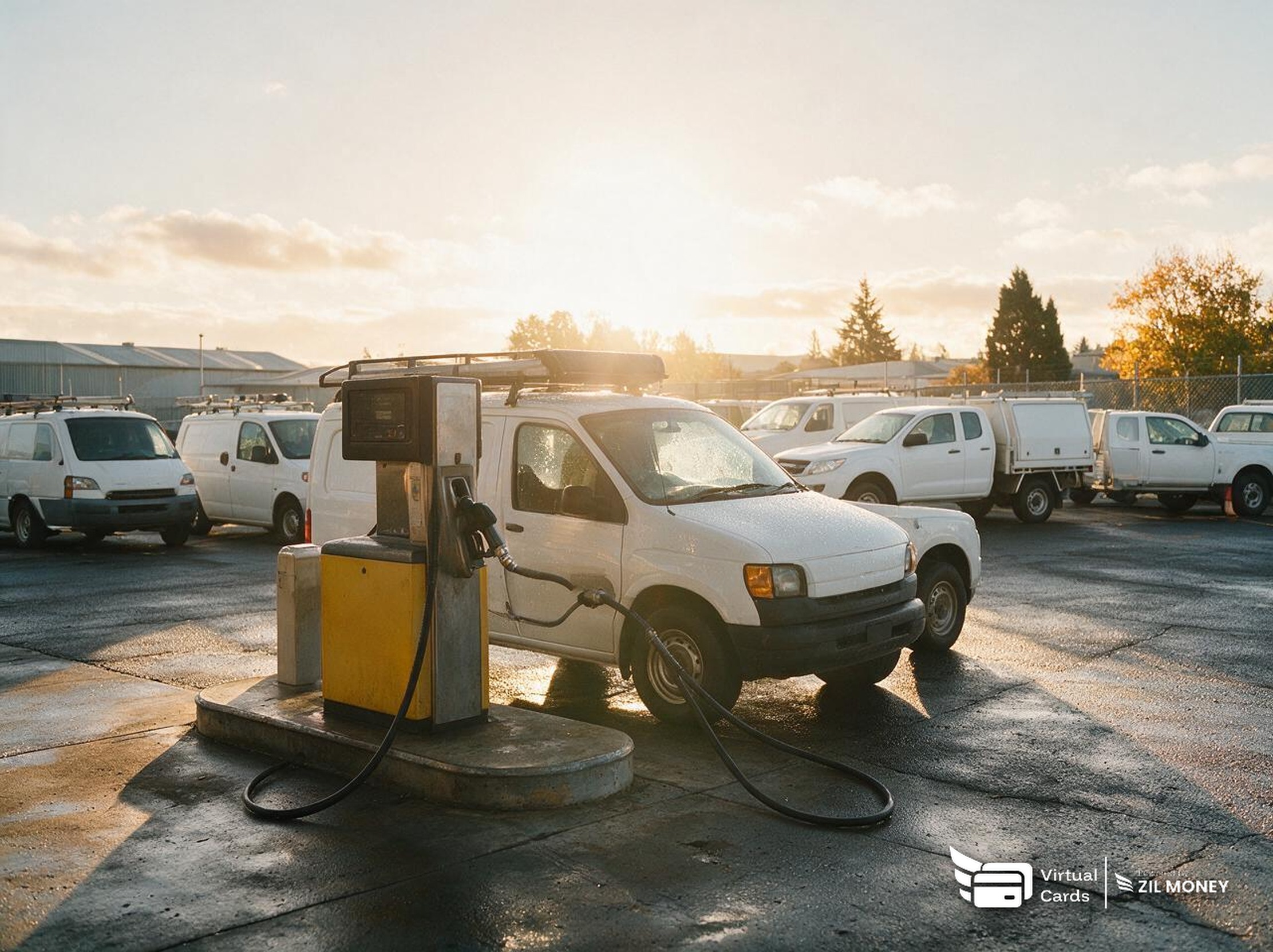A fuel pump next to a service van in a commercial fleet yard at sunrise, with rows of parked fleet trucks and vans in the background.