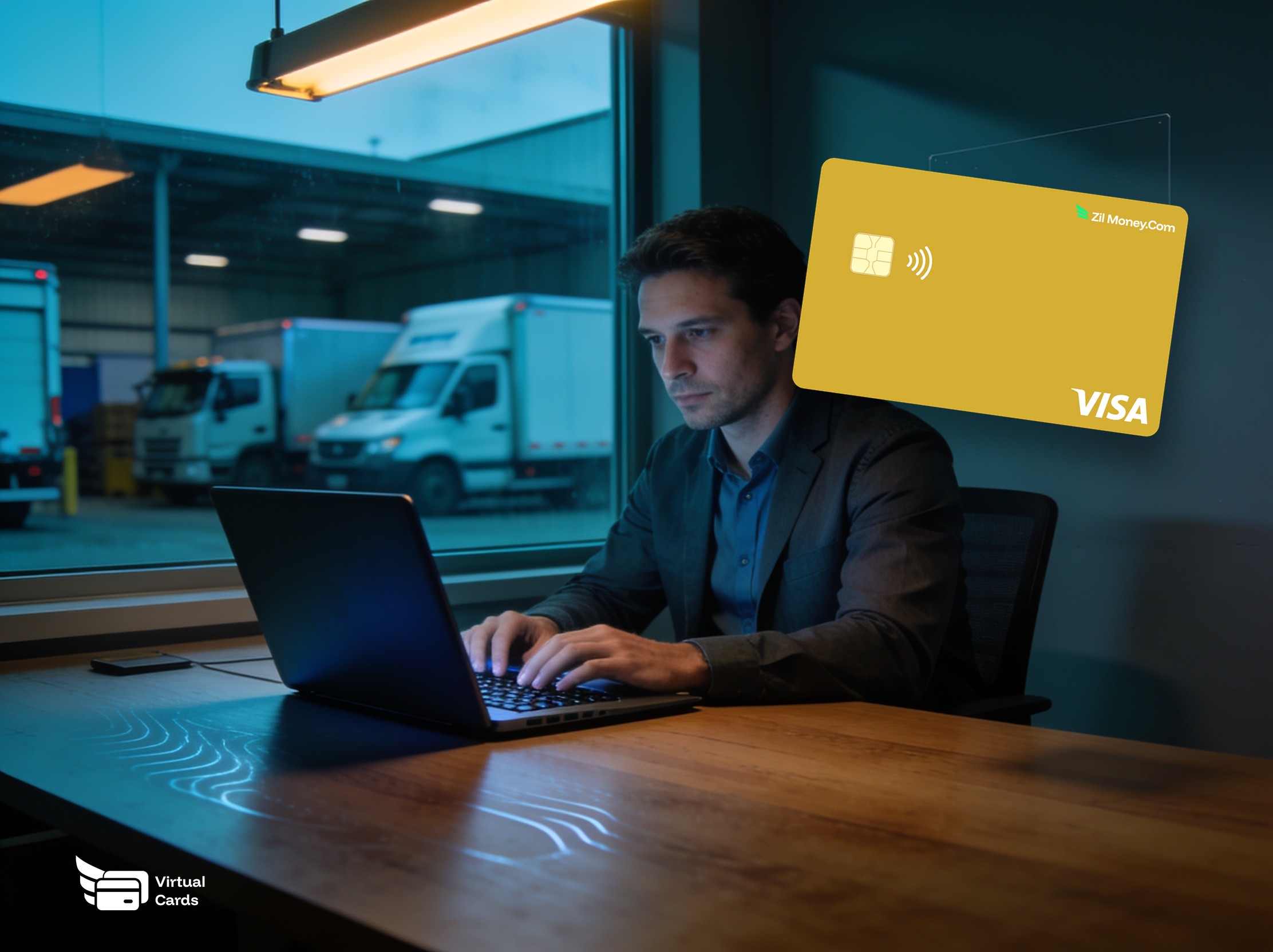 A fleet manager working on a laptop with a gold Zil Money virtual Visa card, representing controlling fleet and fuel spend with virtual cards.