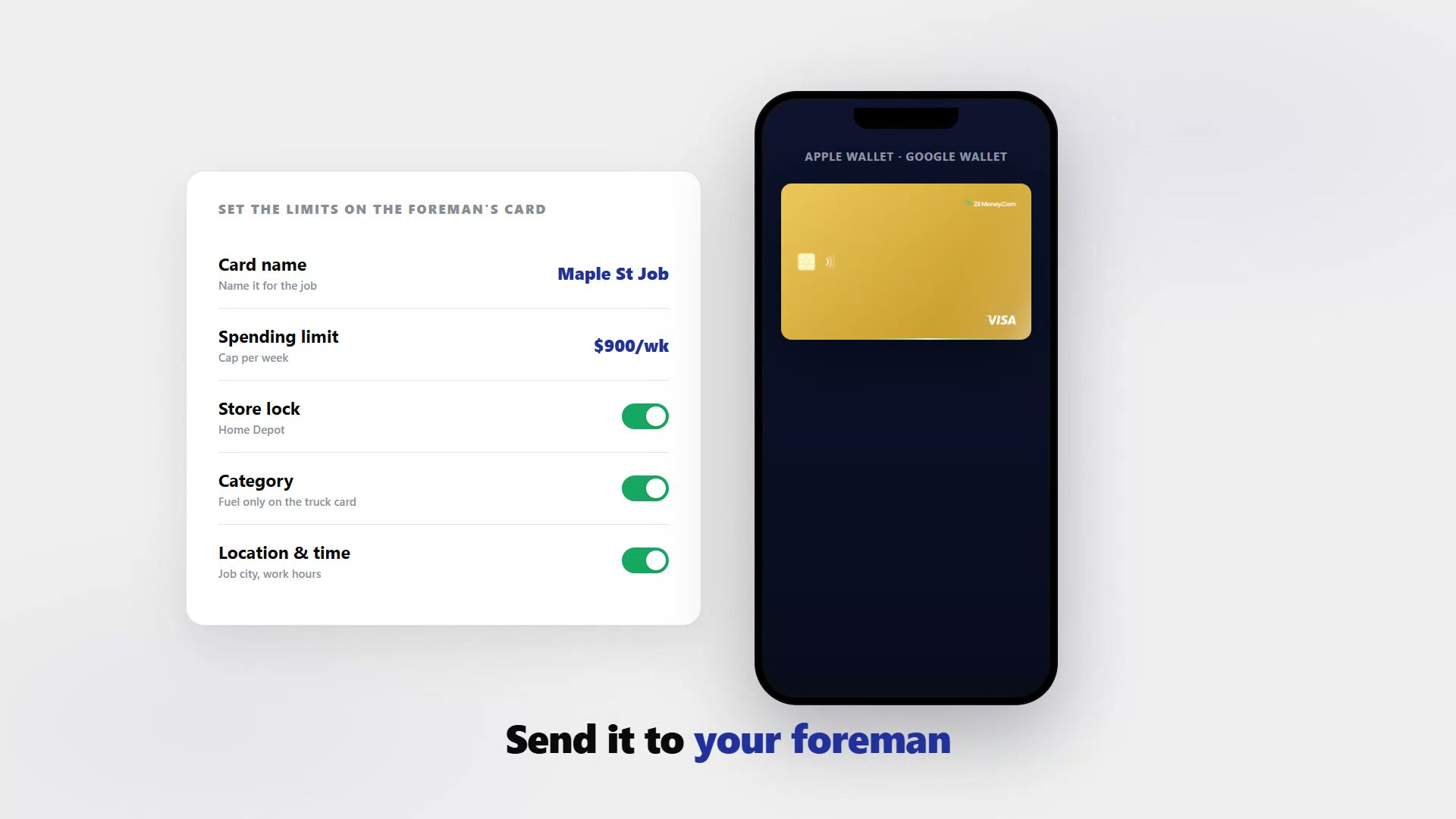 The Virtual Card Maker setup screen showing a foreman card's spending limit and store, category, location and time locks, with the gold Zil Money virtual Visa card in a phone wallet.