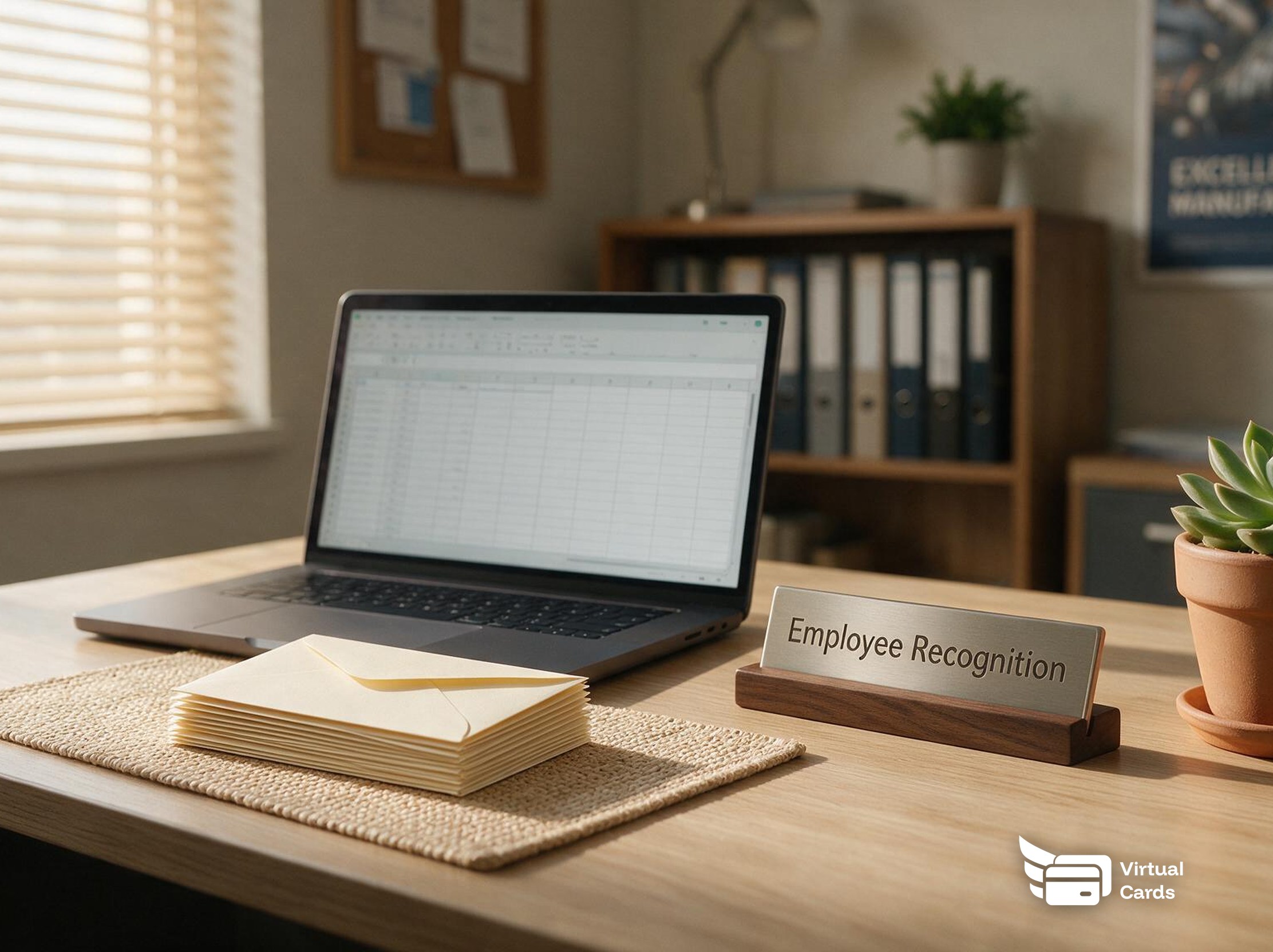 A tidy HR office desk at a manufacturing company with a stack of cream gift card envelopes, a laptop showing a spreadsheet, an Employee Recognition nameplate, and a small succulent, warm window light.
