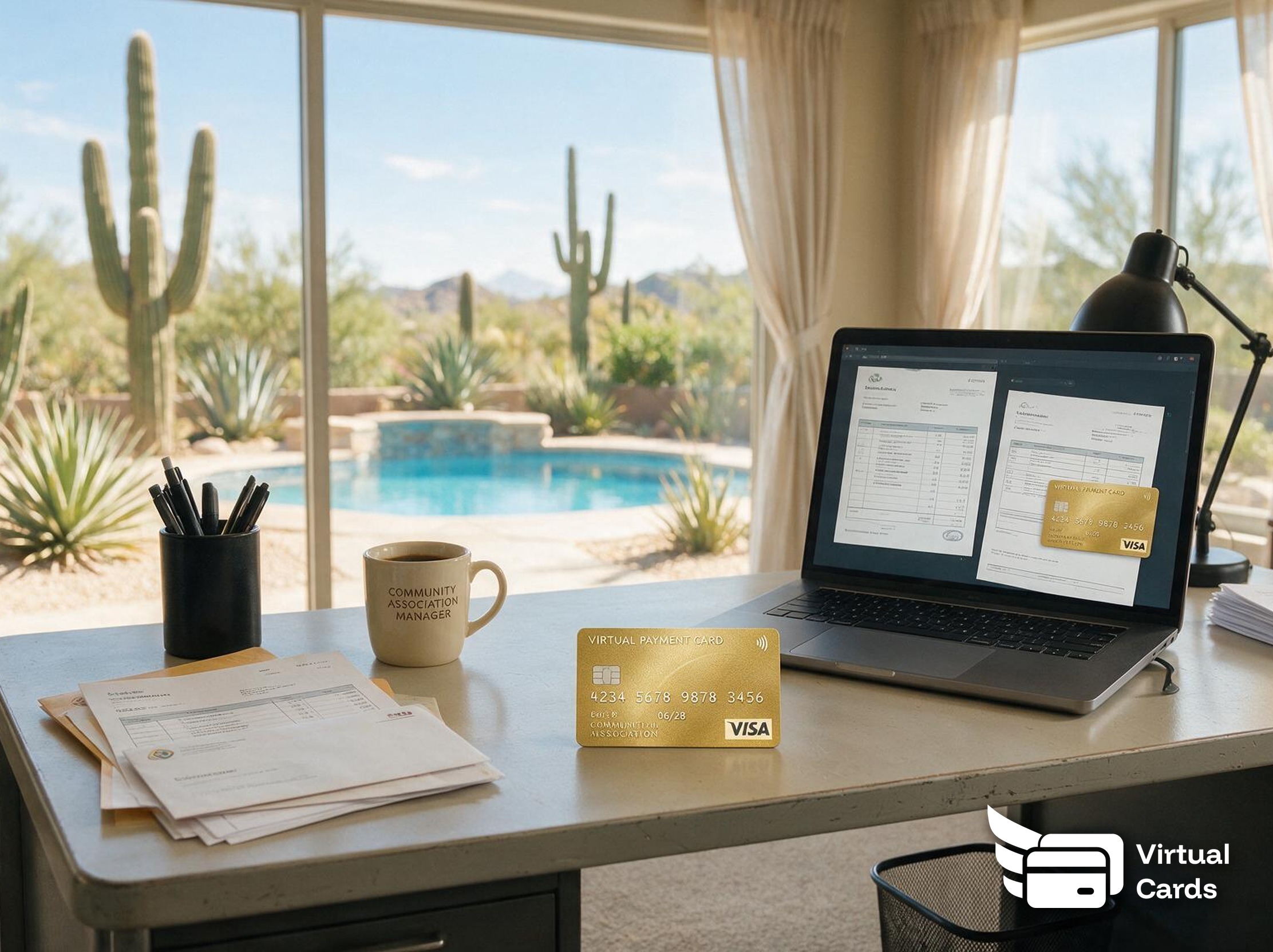 A community association manager reviewing HOA vendor cards on a laptop, representing virtual cards for HOA vendor spend in Arizona.