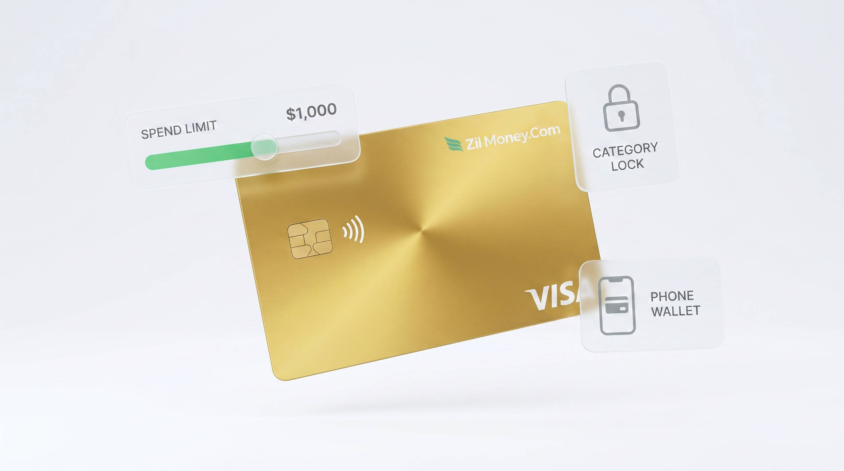A gold Zil Money virtual Visa card in a phone wallet beside a Virtual Card Maker screen showing the card's spending limit and merchant, category and time controls.