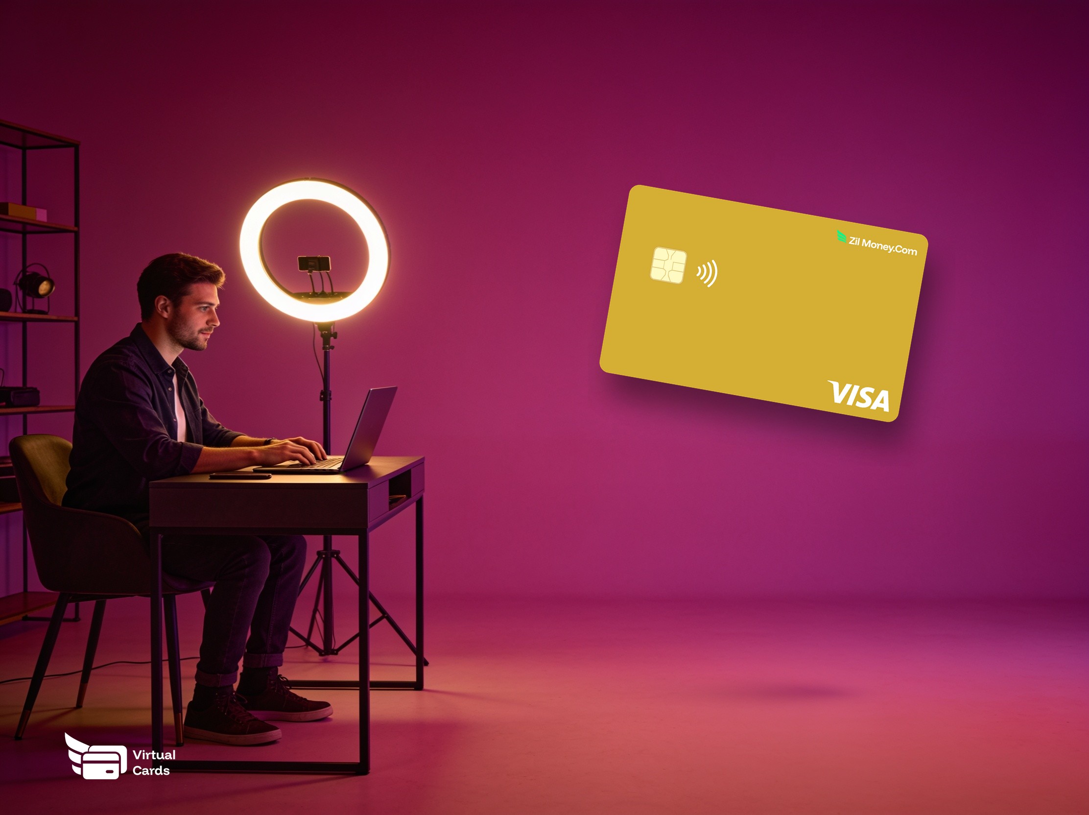 A content creator working on a laptop with a gold Zil Money virtual Visa card, representing influencer and affiliate payouts with virtual cards.