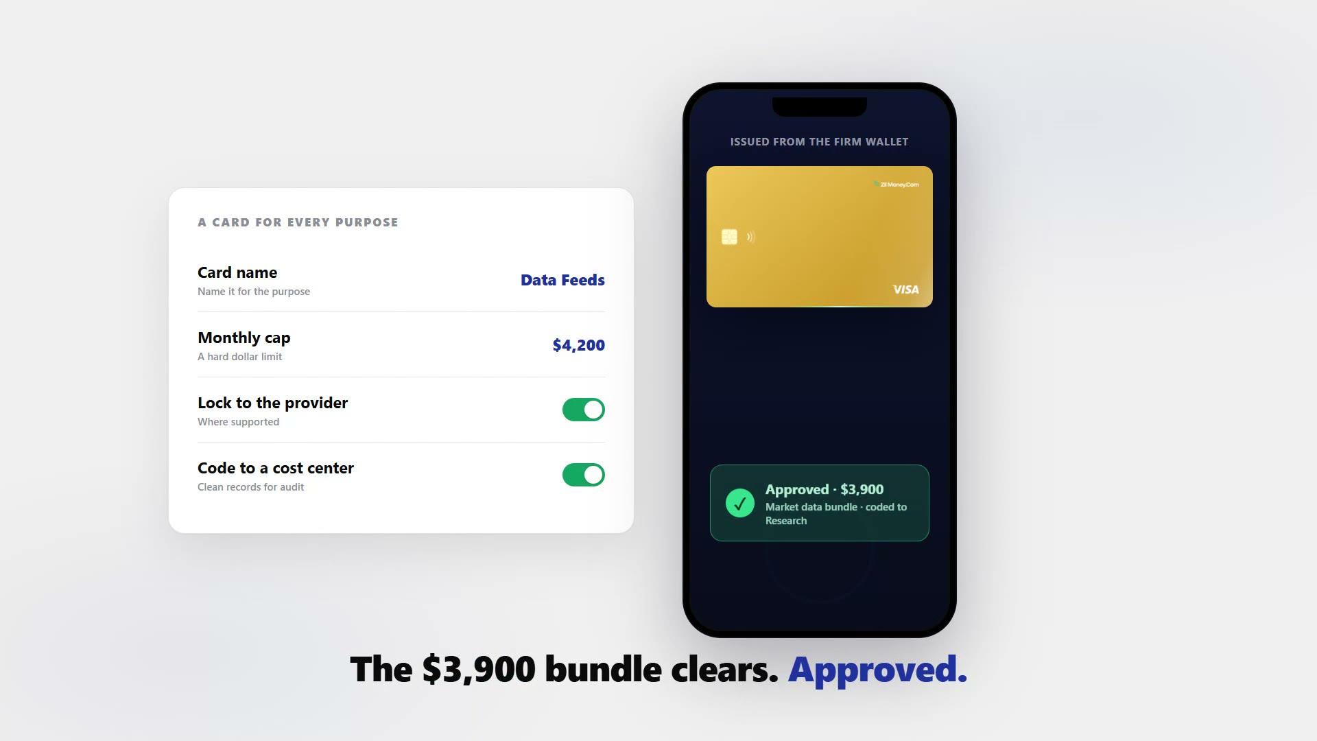 The Virtual Card Maker screen showing named cards for data feeds, advisor travel, and a client seminar, each with a spend cap, with the gold Zil Money virtual Visa card.