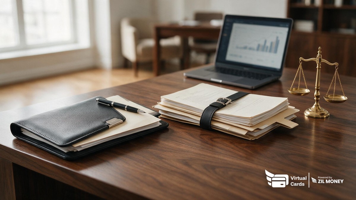 A law office desk with case files, a leather portfolio, and a brass scale, representing virtual cards for law firm matter expenses