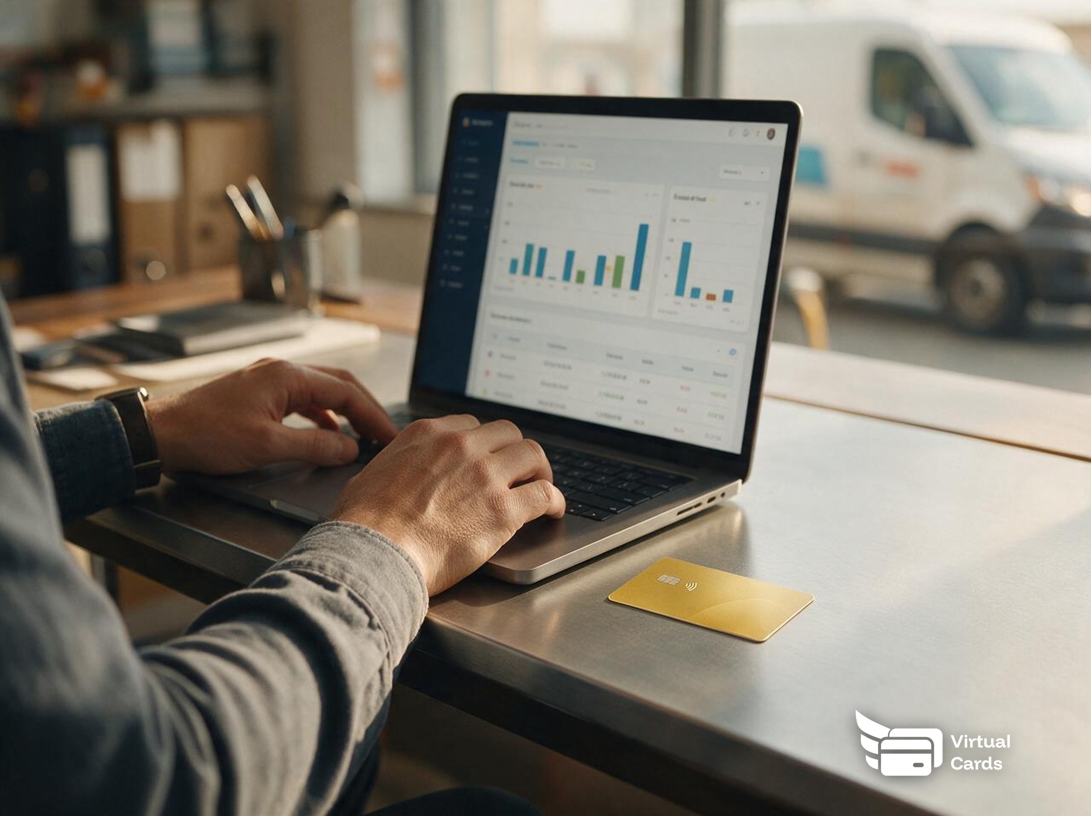 A fleet manager reviewing a dashboard of per-driver fuel card spending on a laptop, with a gold Zil Money virtual Visa card resting beside the keyboard.