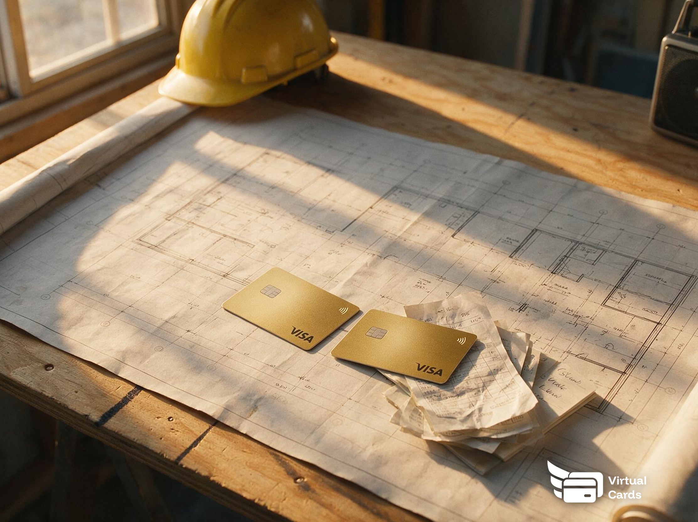 A construction site plan table with two gold Zil Money virtual Visa cards next to a hard hat and rolled blueprint, representing separate cards for construction workers and 1099 subcontractors.