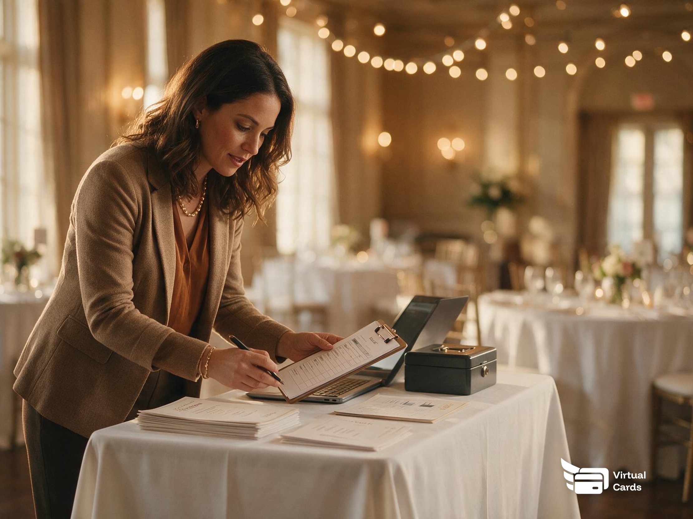 A nonprofit program coordinator in Atlanta, Georgia reviewing gala vendor invoices next to a gold Zil Money virtual Visa card, representing grant-restricted and event spend tracking.