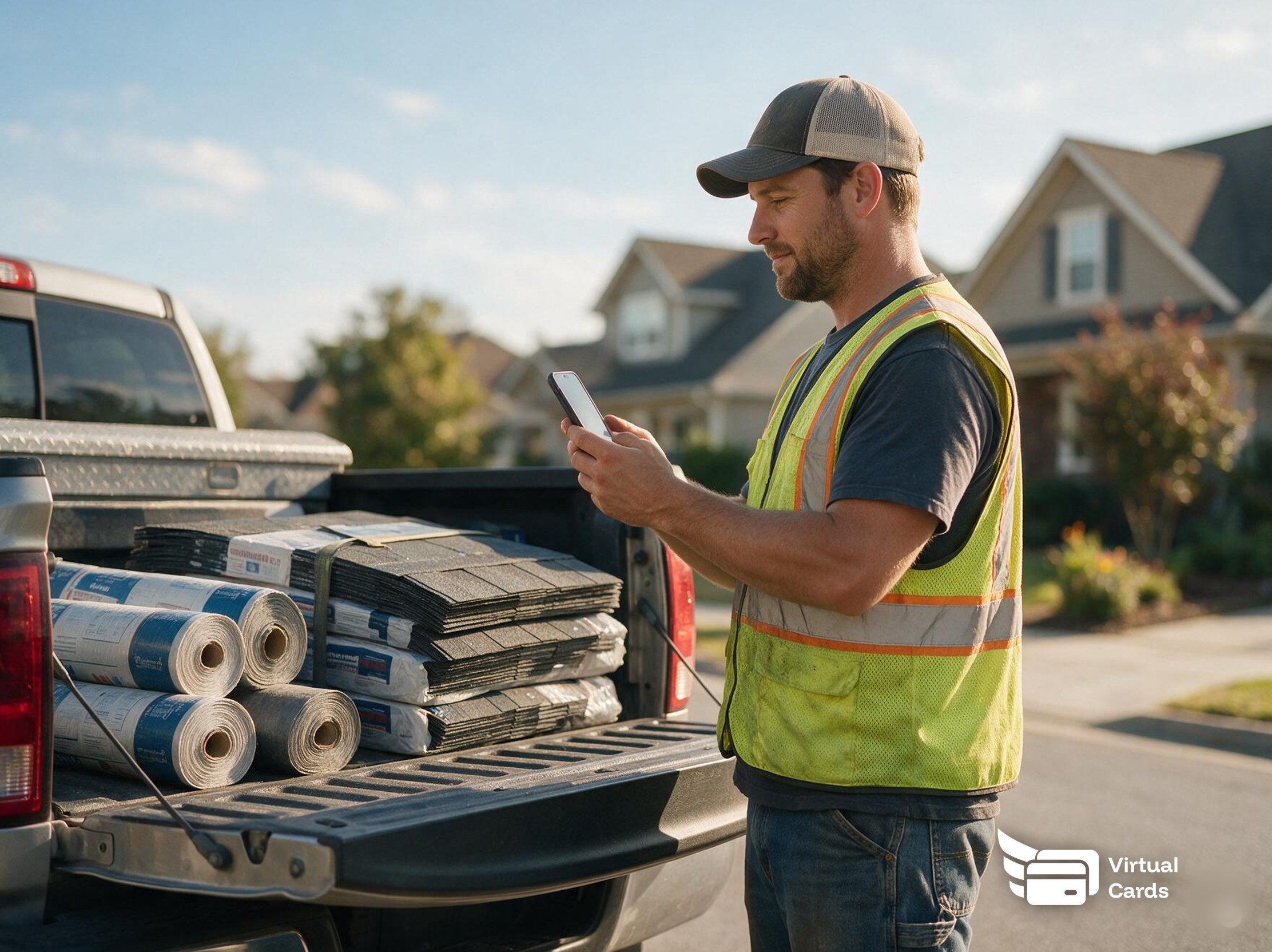 A roofing crew lead at a Raleigh, North Carolina job site checking a virtual card on his phone before a shingle and material pickup, roofing supplies loaded in a pickup truck bed.