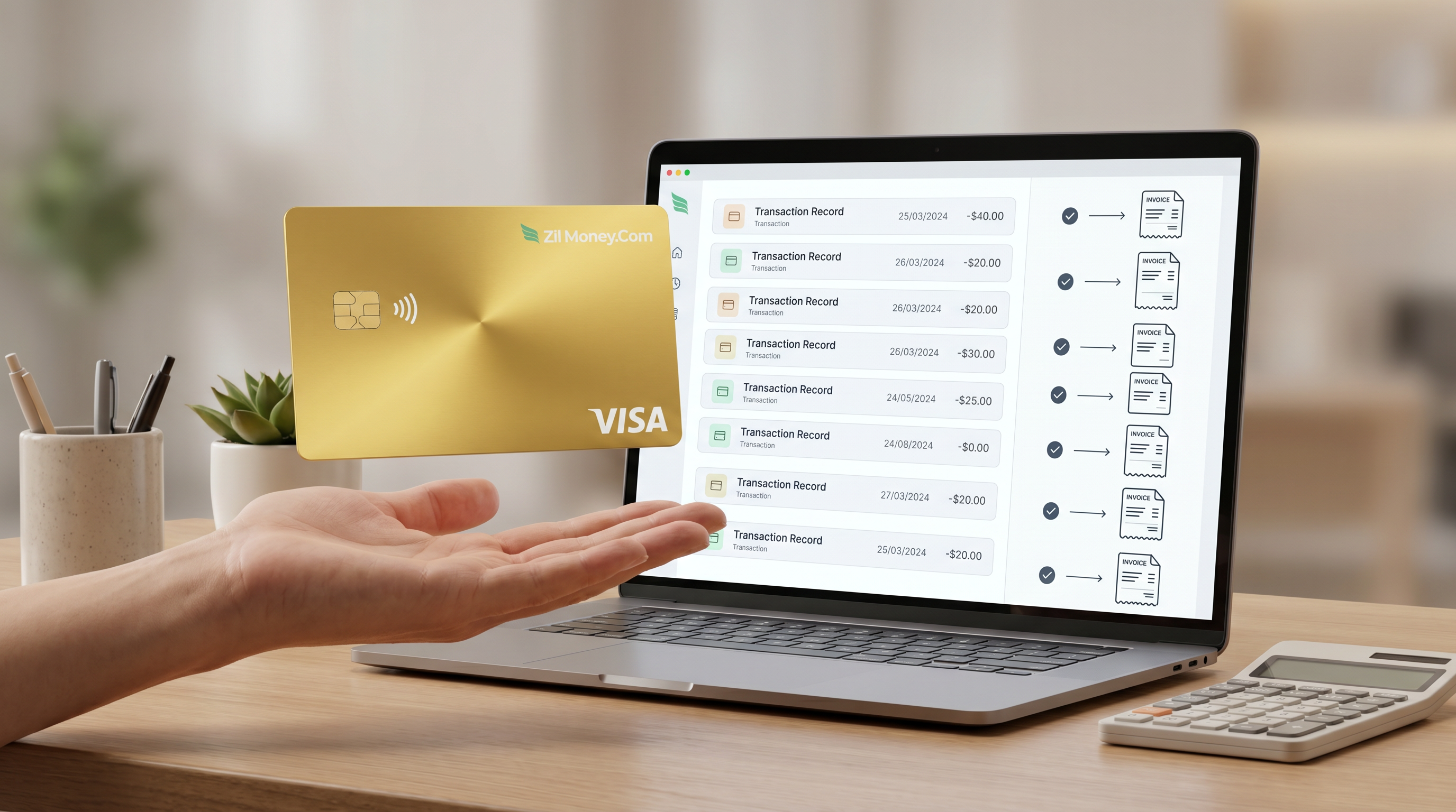 A Virtual Card Maker dashboard showing one card per vendor, each card's spend limit set to the invoice amount, and charges matched one to one to invoices for reconciliation.