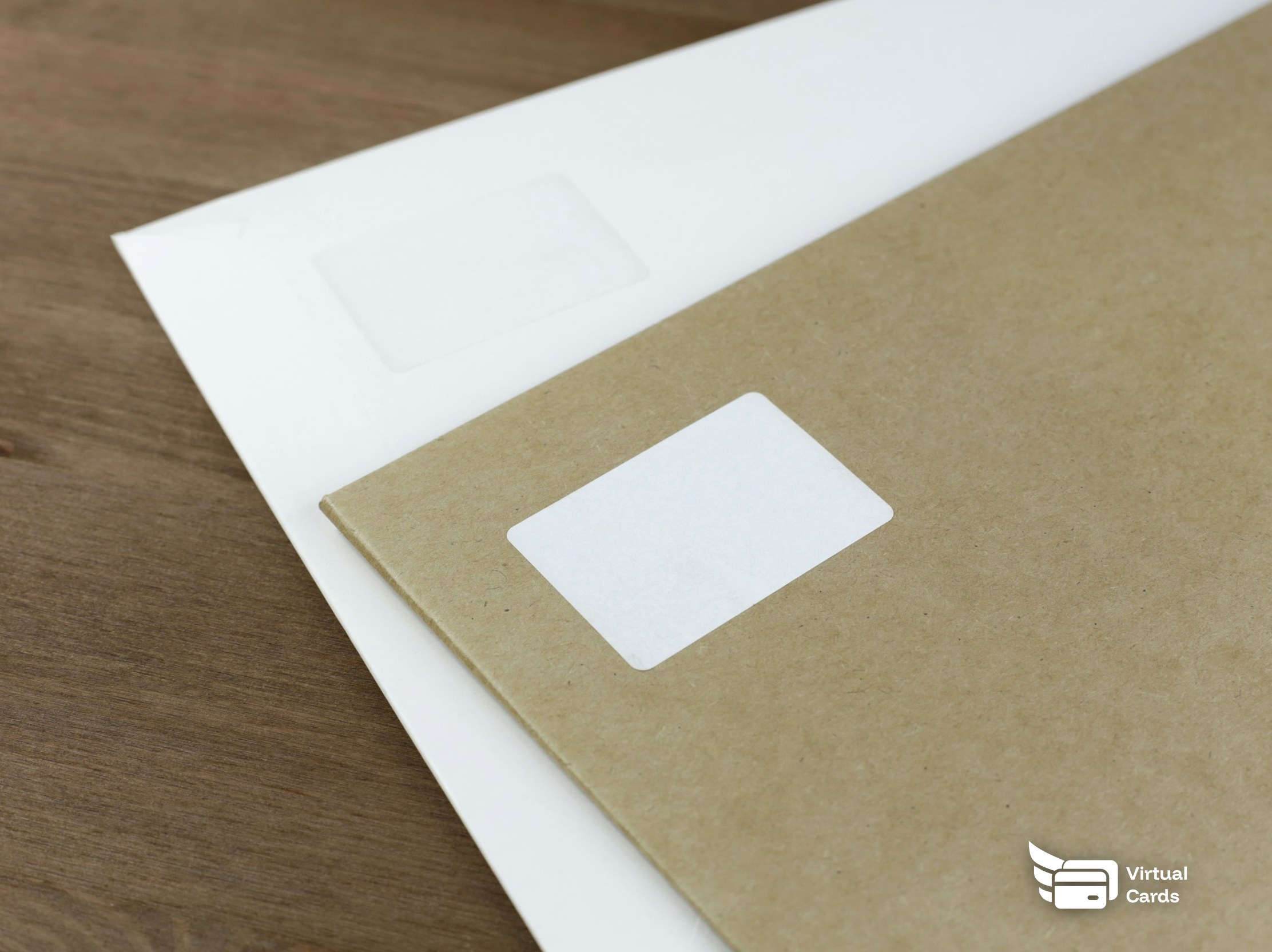 Two window envelopes resting on a wooden desk, representing recurring bills paid on separate capped virtual Visa cards.
