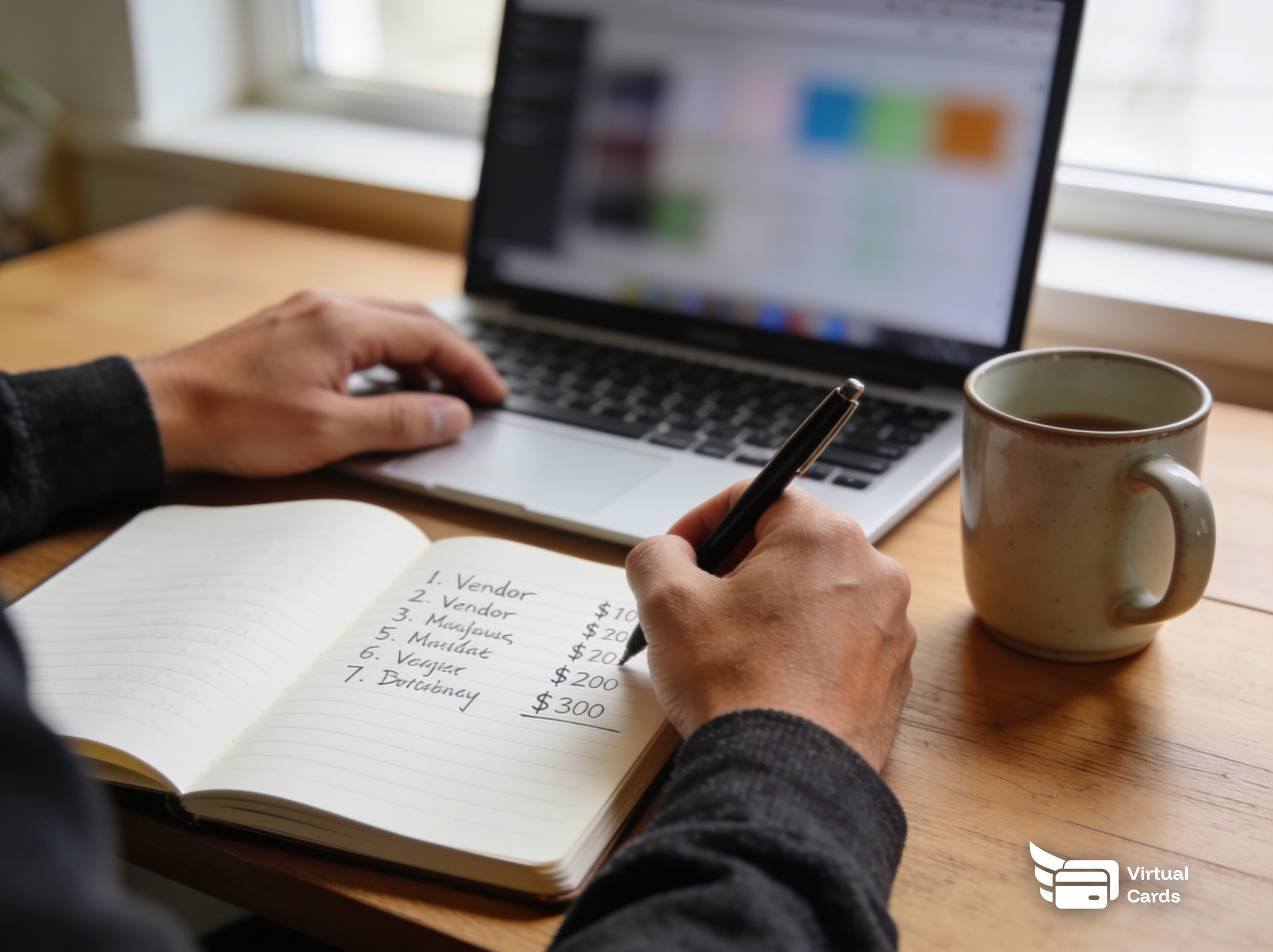 A business owner writing a list of recurring vendors and amounts in a notebook beside a laptop, representing an ongoing review process for recurring vendor payments.