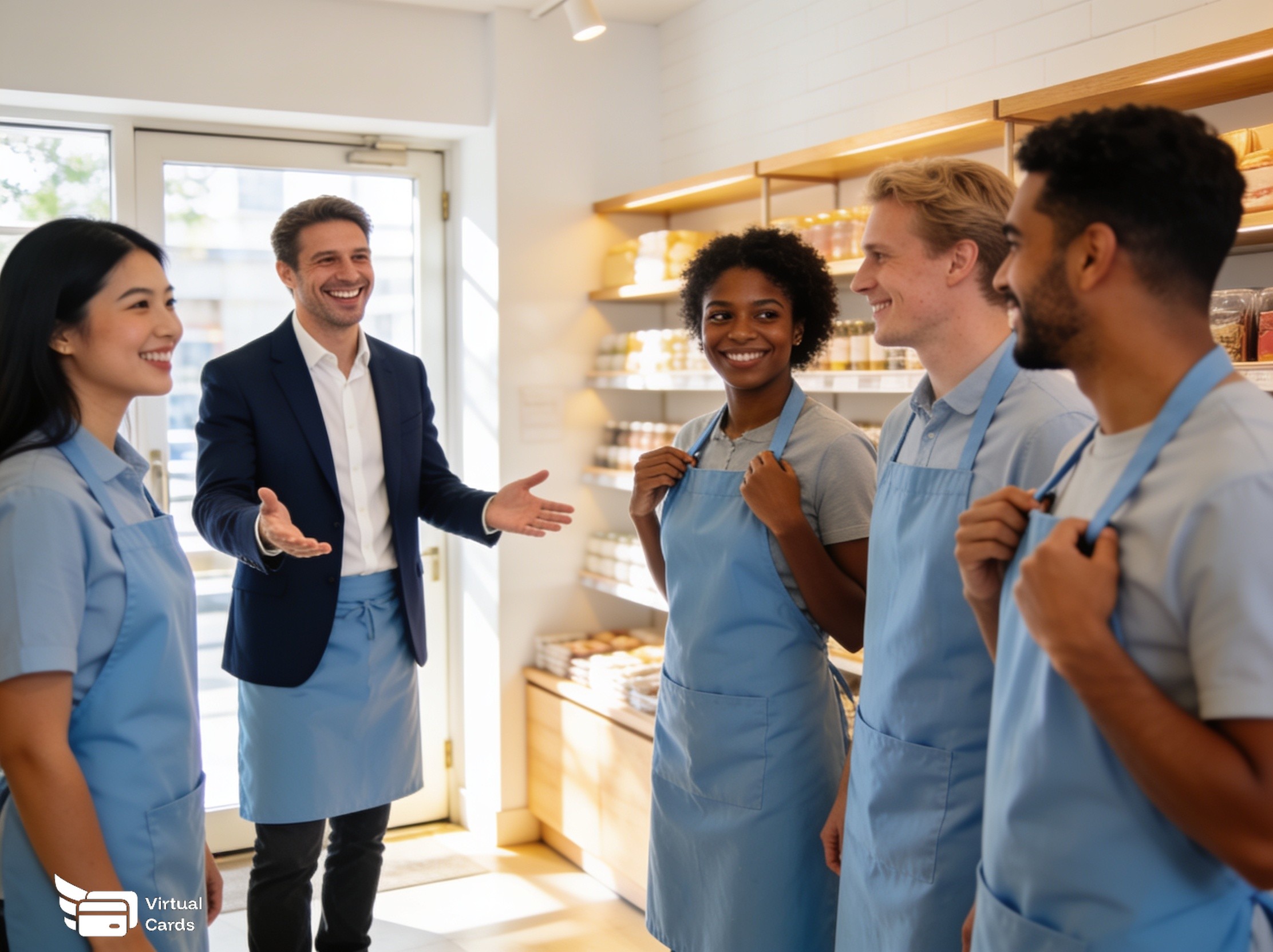 A small business owner handing a seasonal employee onboarding materials, with a team of summer workers in the background.