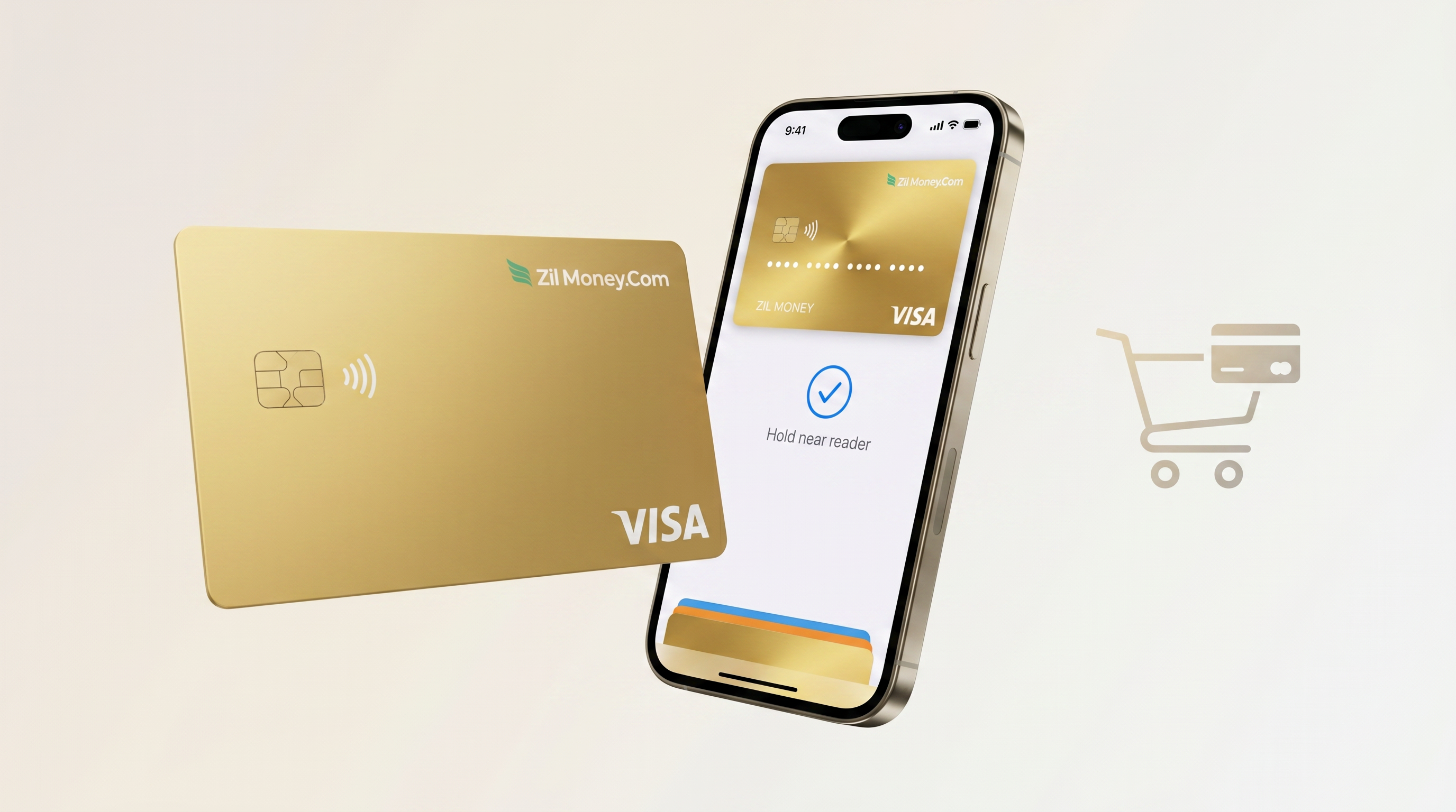 A gold Zil Money virtual Visa card with a blank face in a phone wallet, ready to tap to pay at a store reader and to enter at an online checkout.