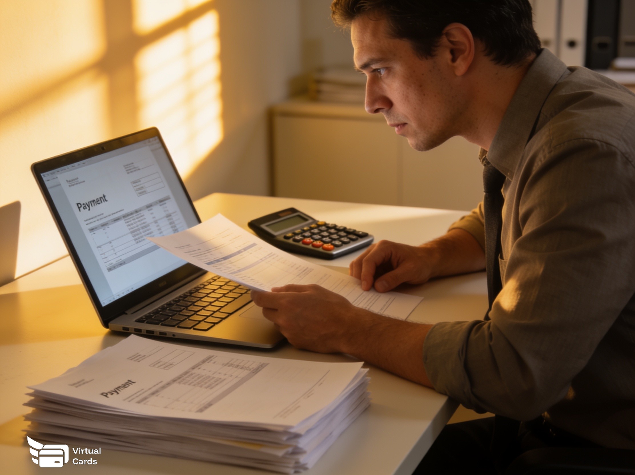 A vendor or accountant reviewing invoice payment records on a laptop, with organized files and a payment receipt visible.