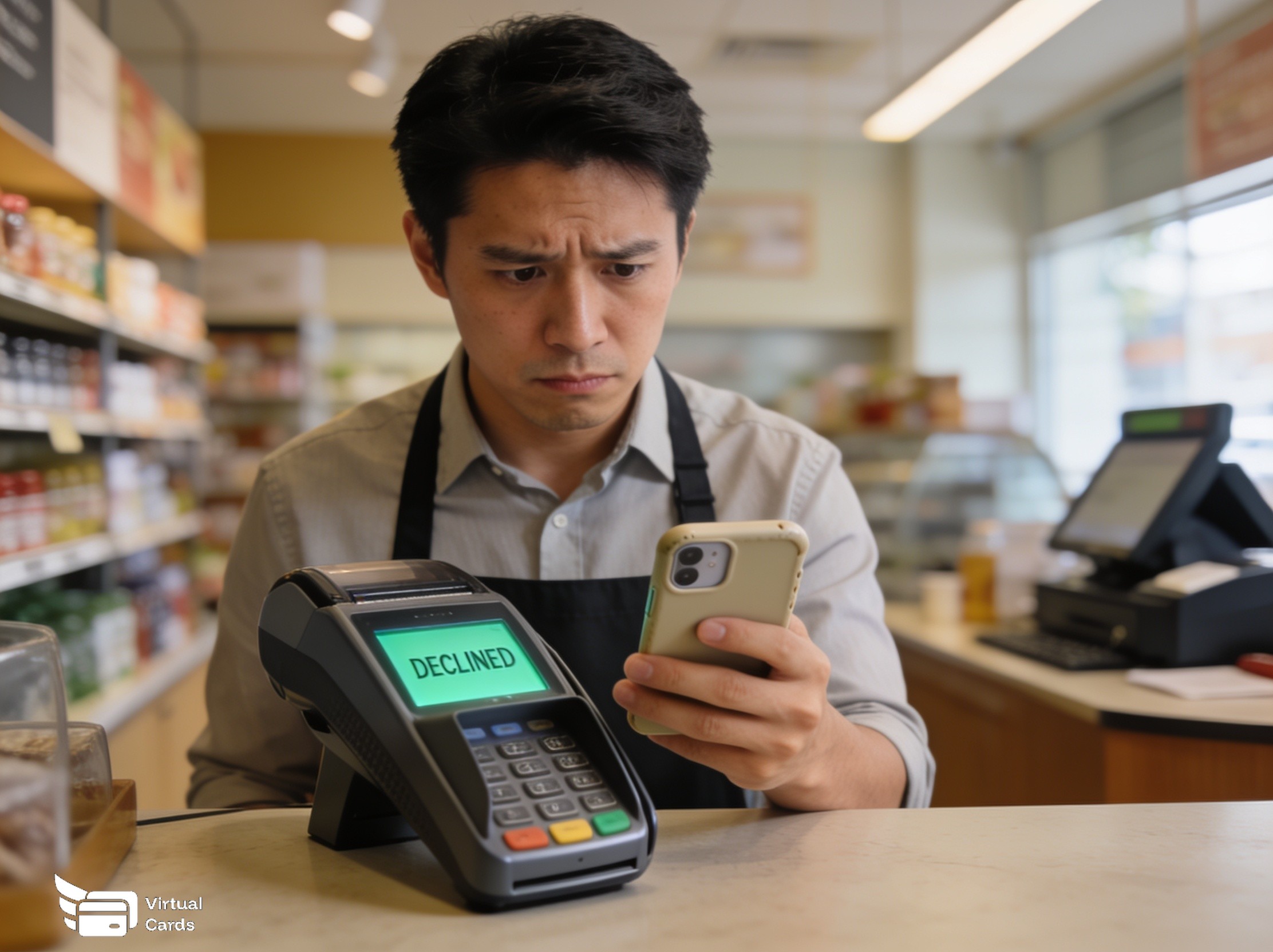 A business employee holding a smartphone at a payment terminal, looking concerned after a card declined message.