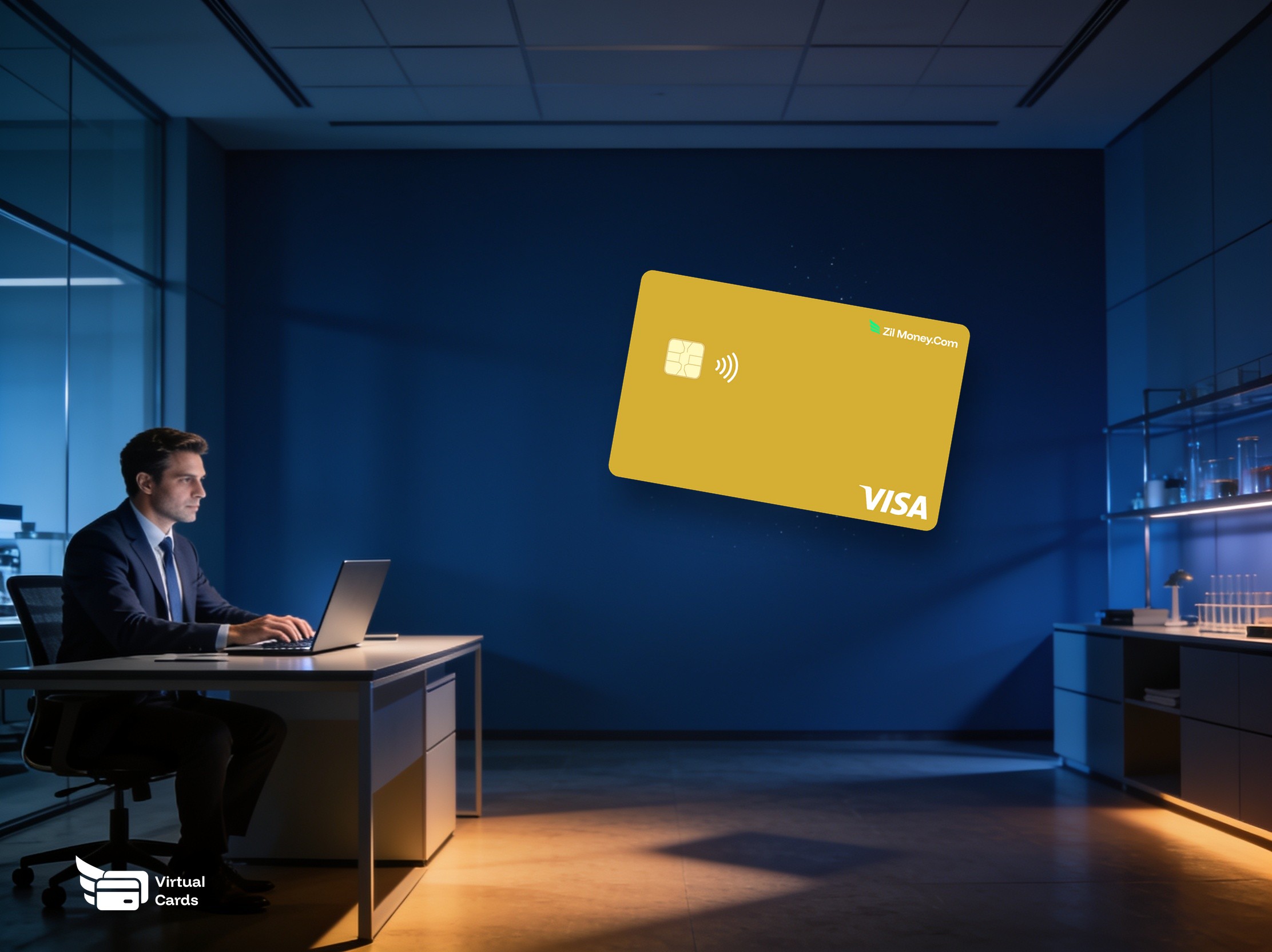 An analyst reviewing virtual card market data on a laptop in a modern office with a gold Zil Money virtual Visa card.