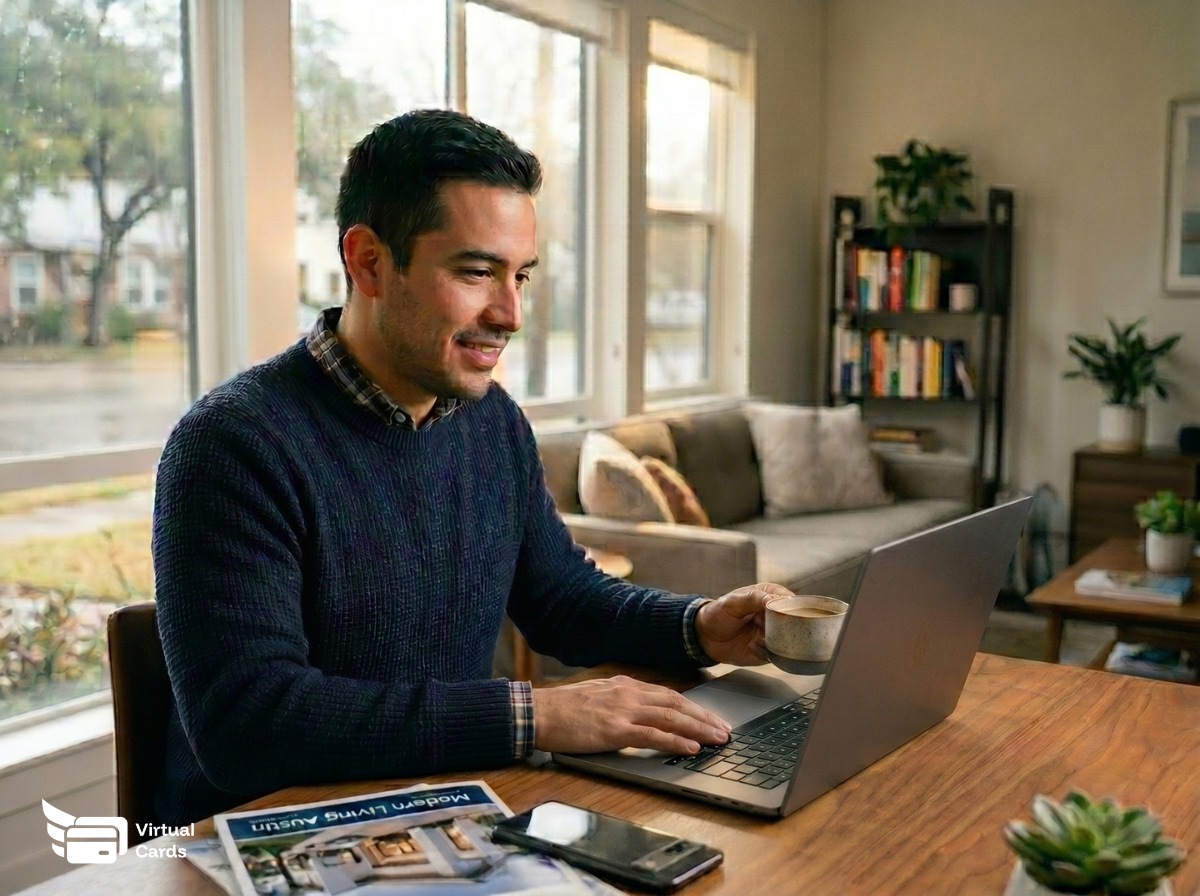 A real estate agent at a desk with a gold Zil Money virtual Visa card, representing virtual cards for real estate.