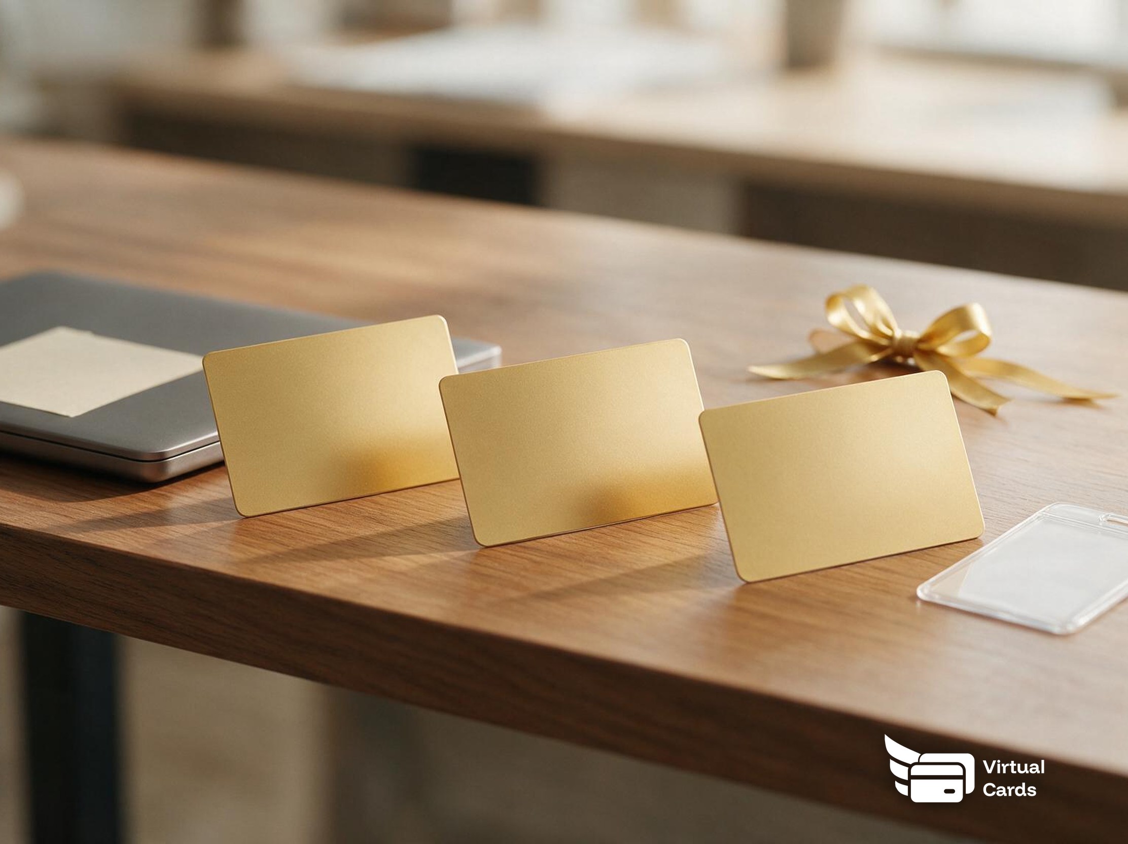Three plain gold virtual cards on a wooden desk next to a laptop, a gold gift ribbon, and a clear ID badge holder, representing the Visa virtual card, gift card, and employee card types.