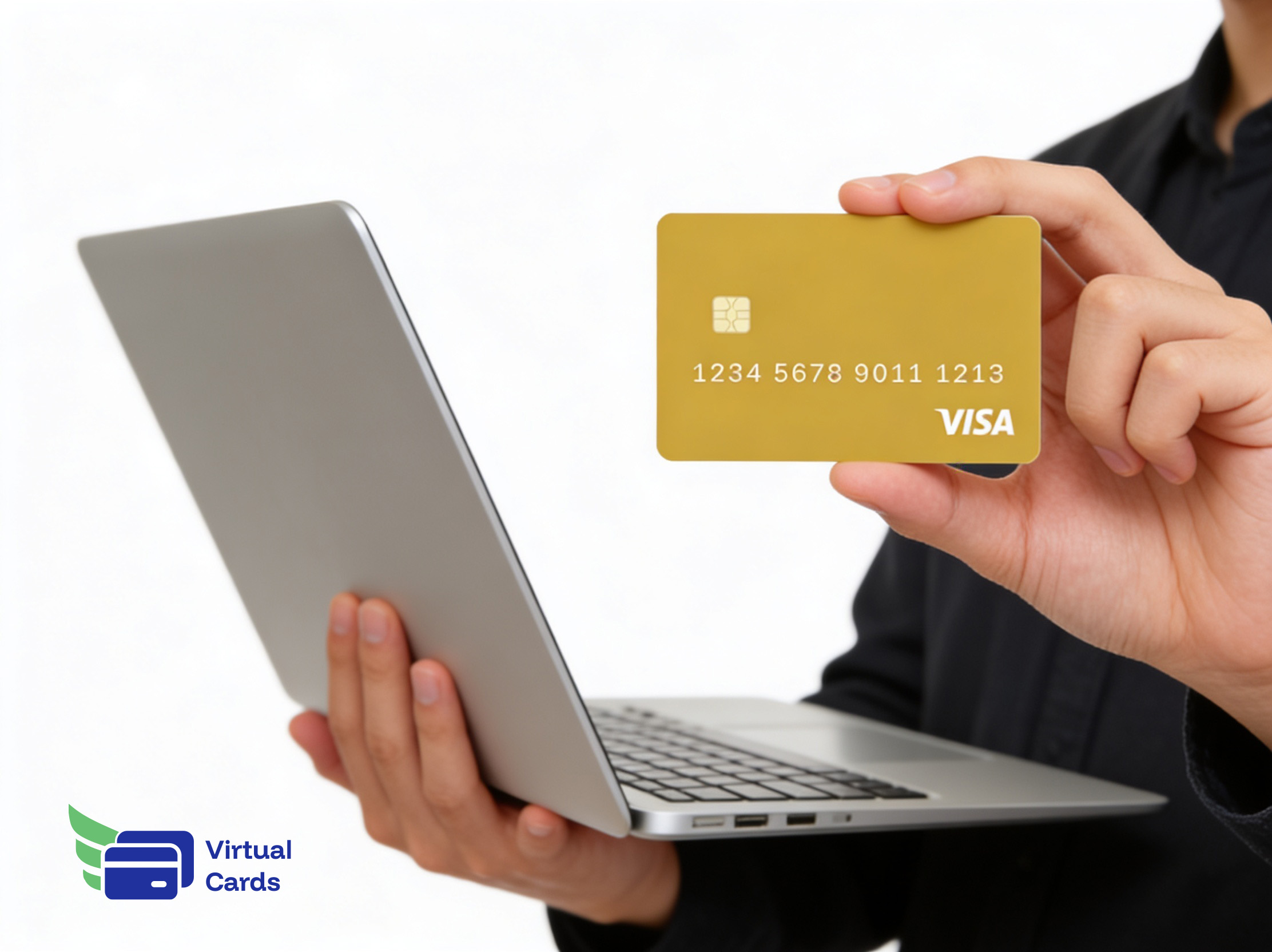 Business owner holding a gold Visa virtual card next to an open laptop, representing the workflow of issuing a virtual card to pay a contractor.