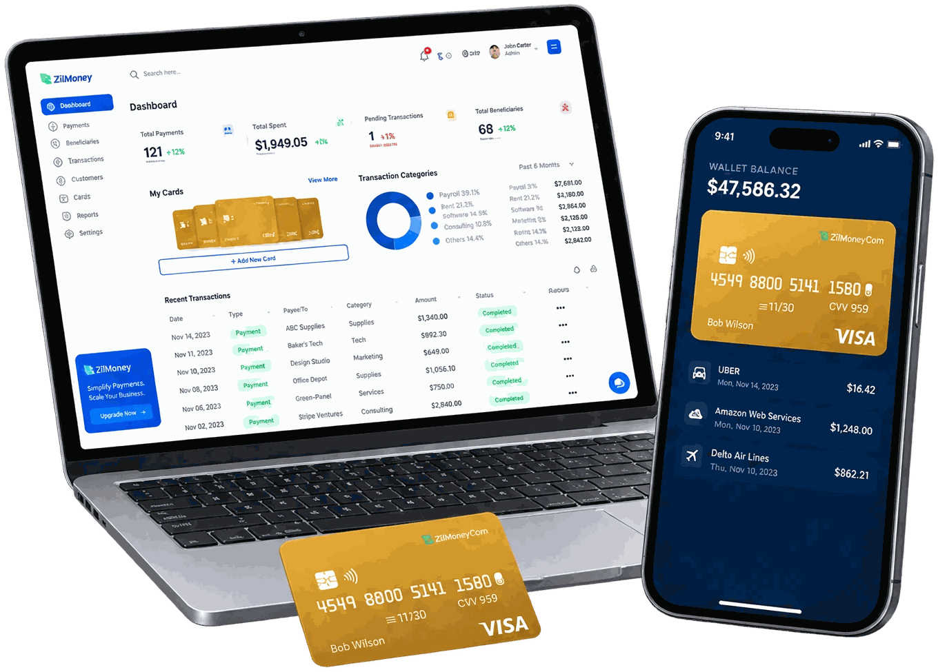 The Virtual Cards dashboard on a laptop, the wallet on a phone, and a Visa card in front of them.