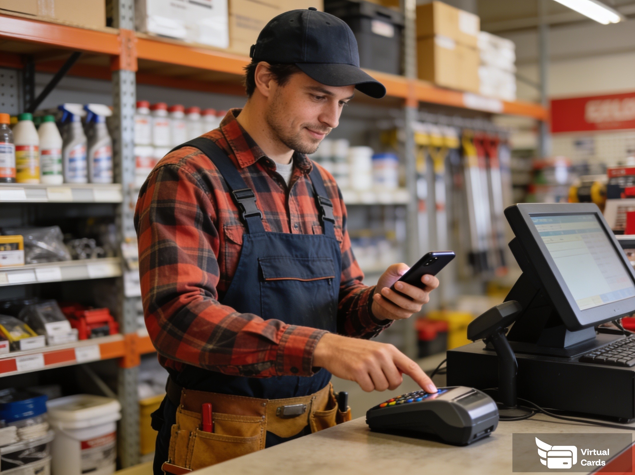 A business owner viewing a contractor's virtual expense card transactions in a dashboard, with spending limit and merchant category controls applied