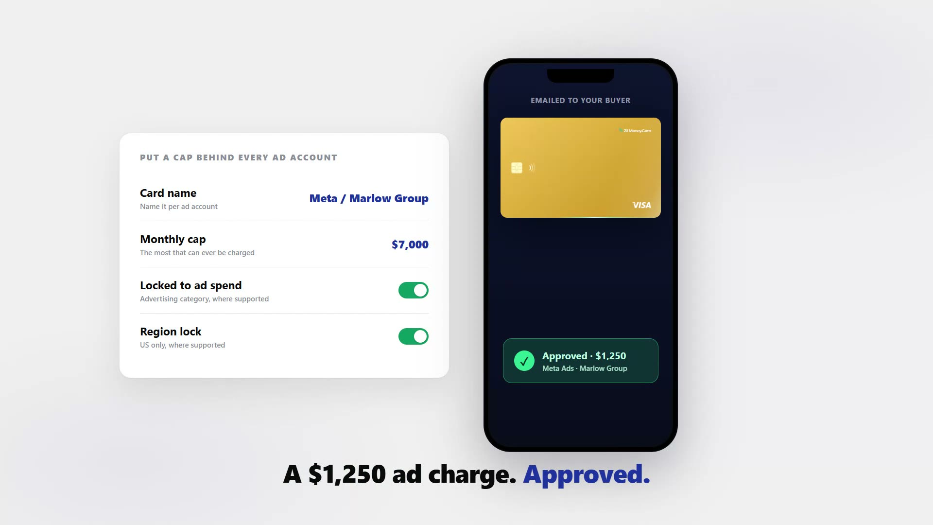 The Virtual Card Maker screen showing an ad-spend card with a monthly cap and an advertising-category lock, with the gold Zil Money virtual Visa card in a phone wallet.