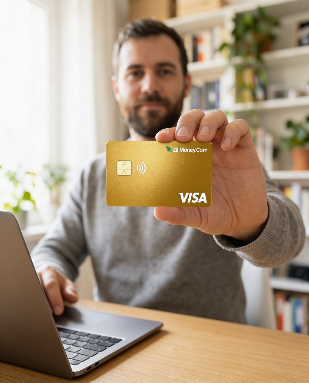 A freelance contractor at a laptop holding a gold Zil Money.Com Visa card