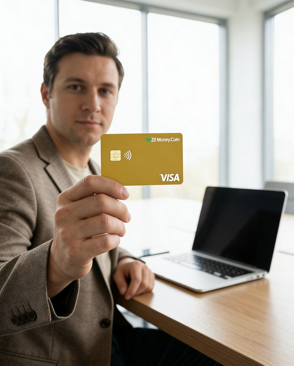 Two department managers reviewing budgets on a laptop with a gold Zil Money.Com Visa card