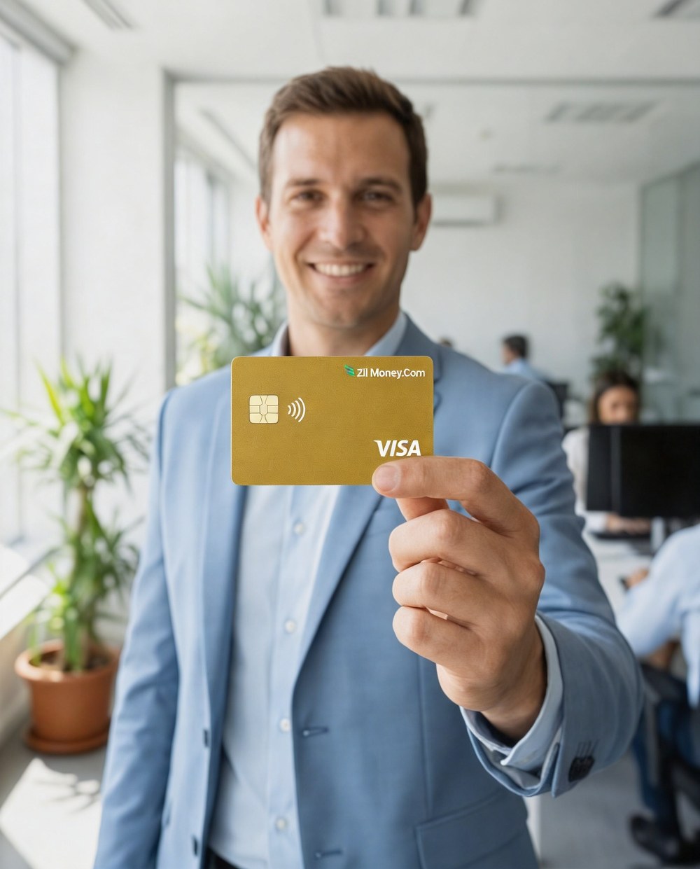 A manager handing a gold Zil Money.Com Visa card to a new employee in an office