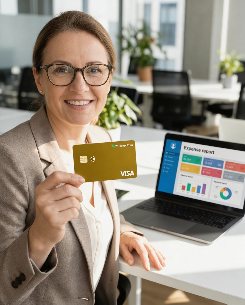 An office manager at a laptop showing an expense dashboard, holding a gold Zil Money.Com Visa expense card