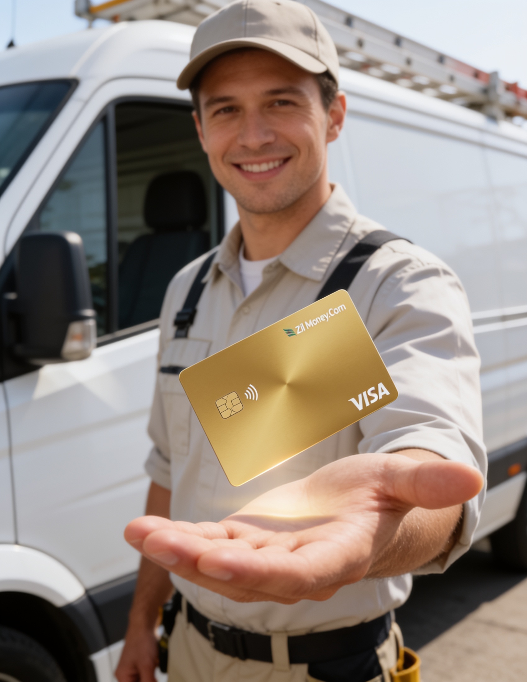 A field service technician in a work van holding a gold Zil Money.Com Visa card