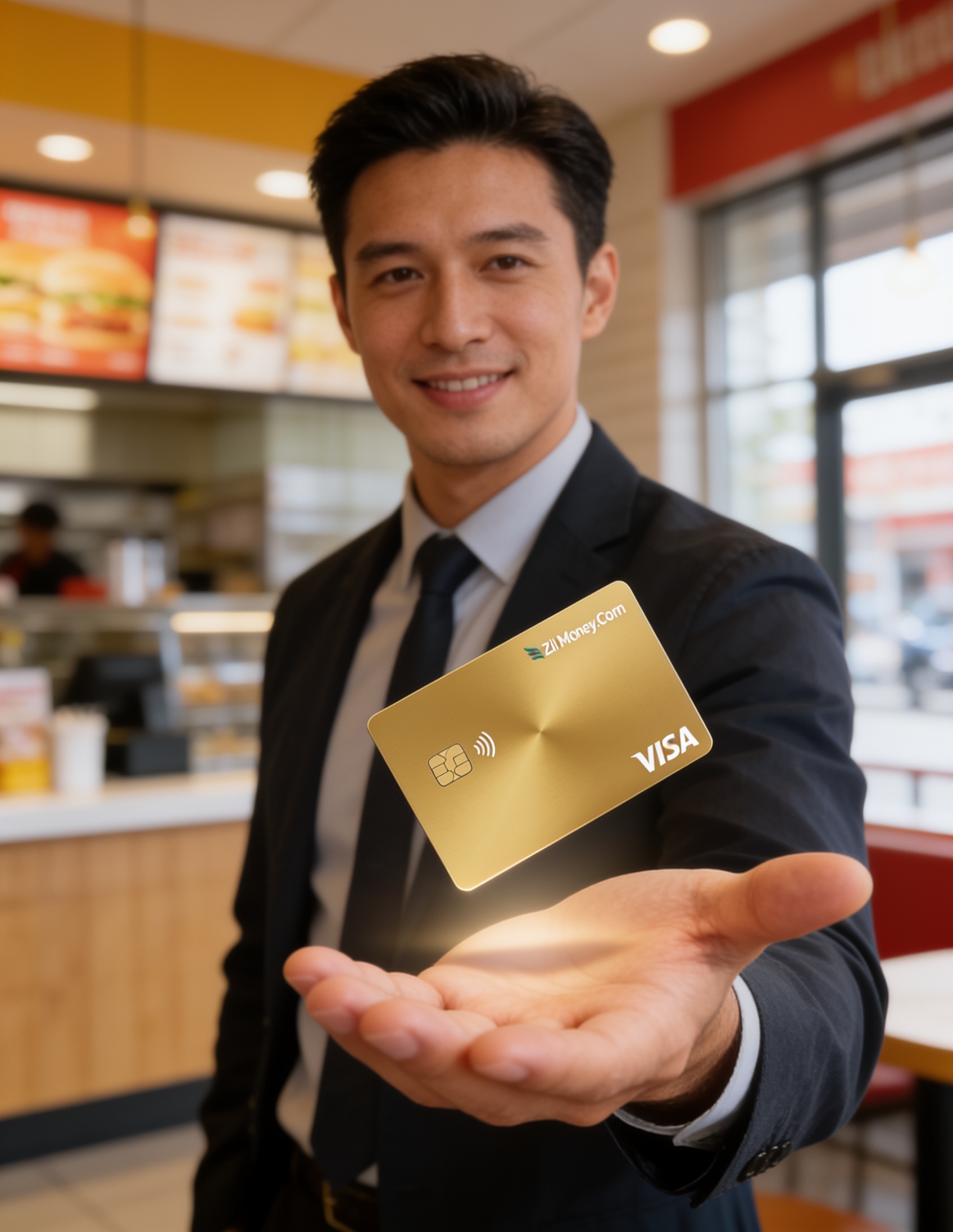 A multi-unit franchise operator reviewing location spending on a laptop while holding a gold Zil Money.Com Visa card