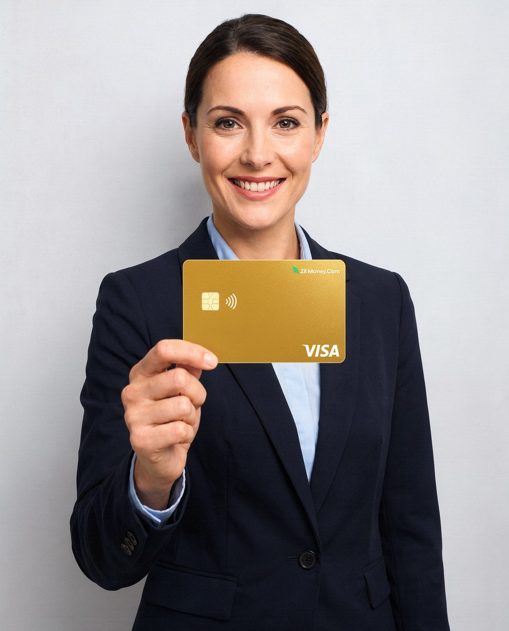 An employee receiving a gold Zil Money.Com Visa gift card from a colleague