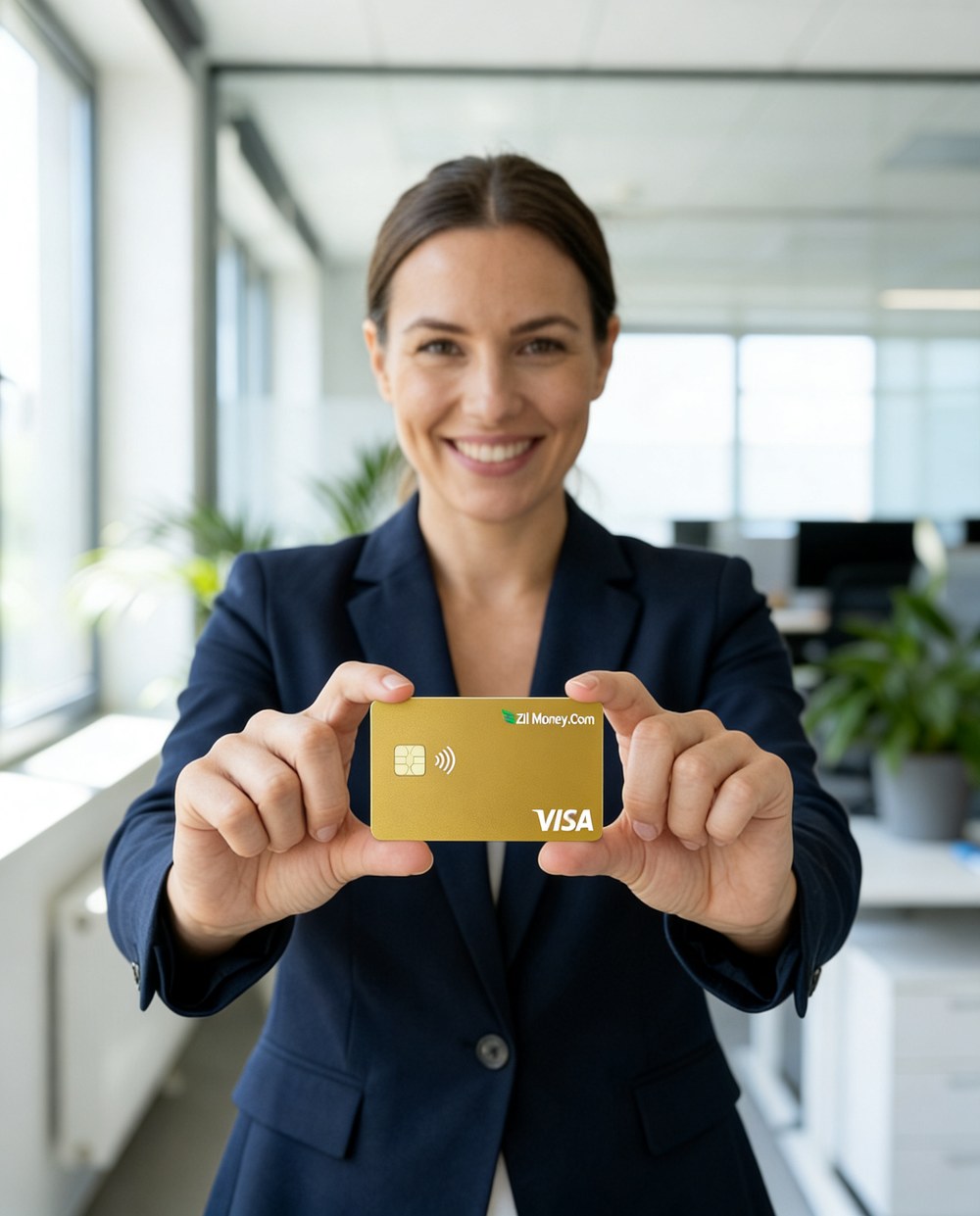 A person giving a gold Zil Money.Com Visa gift card as a present