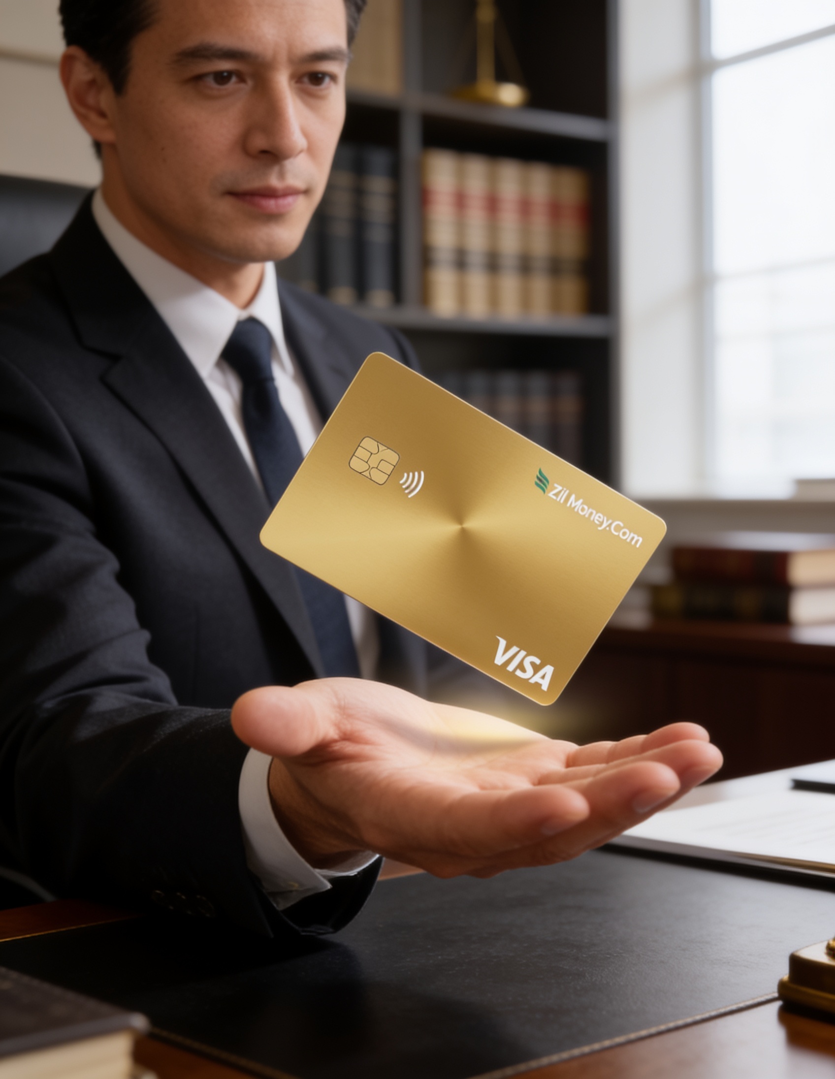 A law firm office manager at a desk reviewing matter spending with a gold Zil Money.Com Visa card