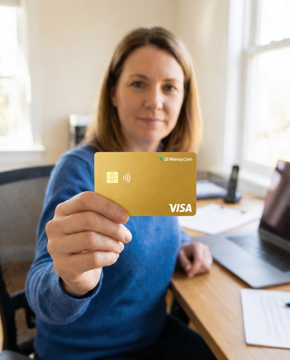 A person at a laptop holding a gold Zil Money.Com Visa virtual card while managing business card spend