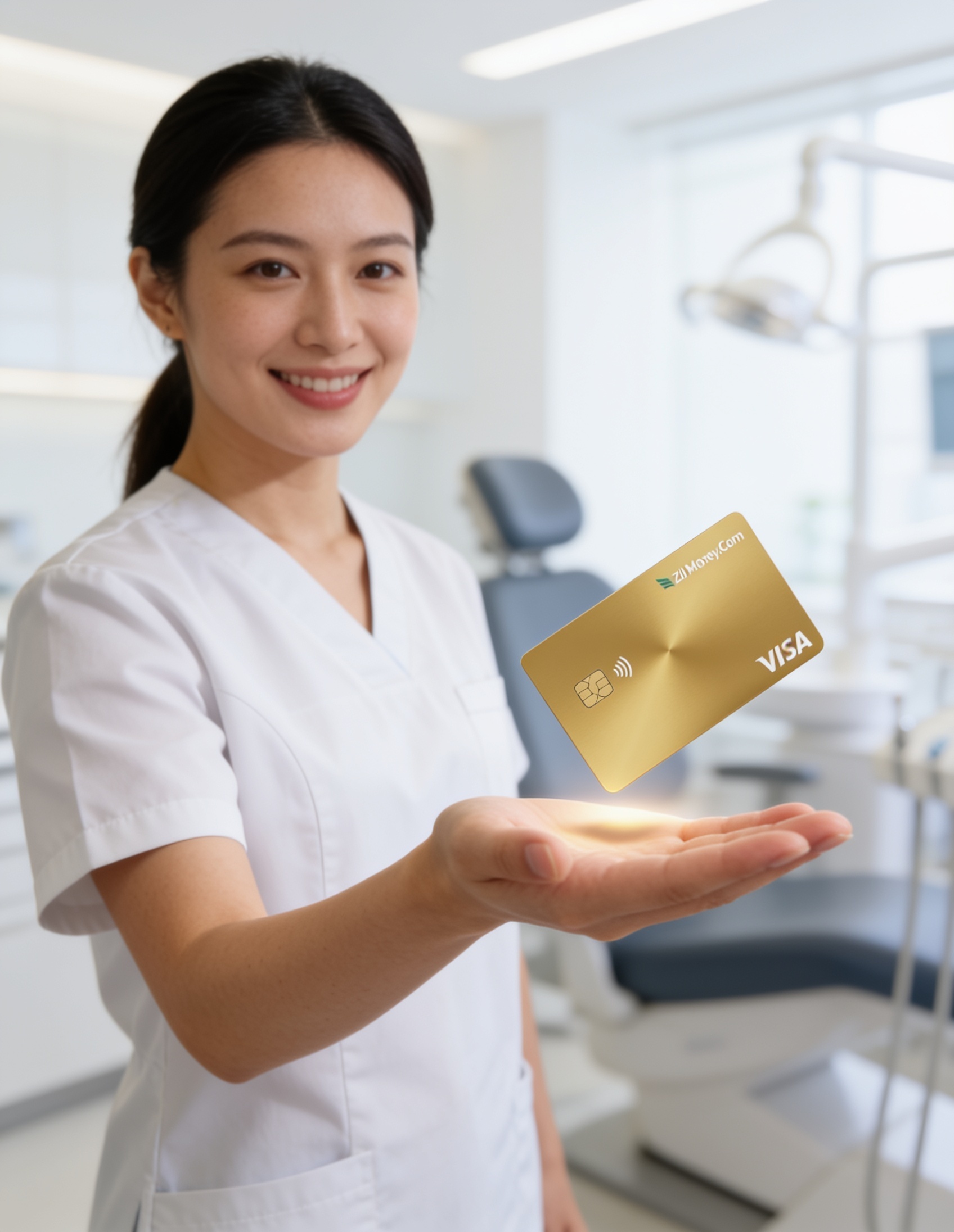 A dental practice manager at a front desk holding a gold Zil Money.Com Visa card