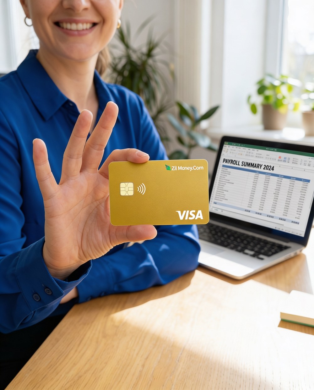 A payroll manager at a laptop showing a payroll screen, holding a gold Zil Money.Com Visa card