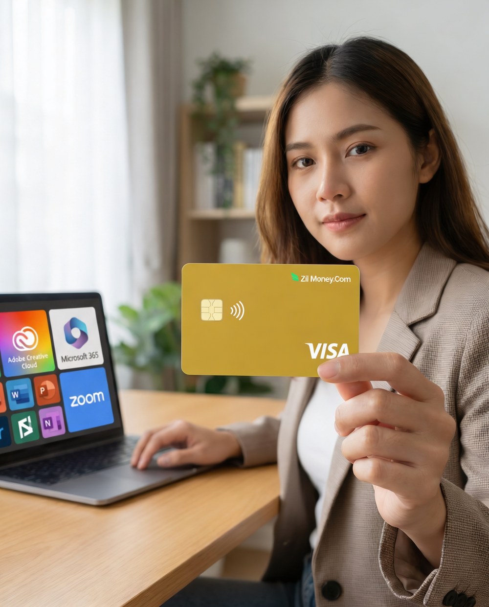 A professional managing software subscriptions on a laptop while holding a gold Zil Money.Com Visa card