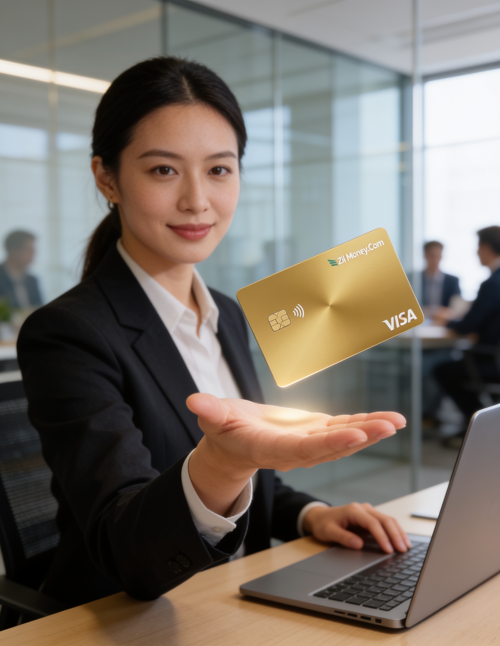 A staffing agency recruiter at a desk holding a gold Zil Money.Com Visa card