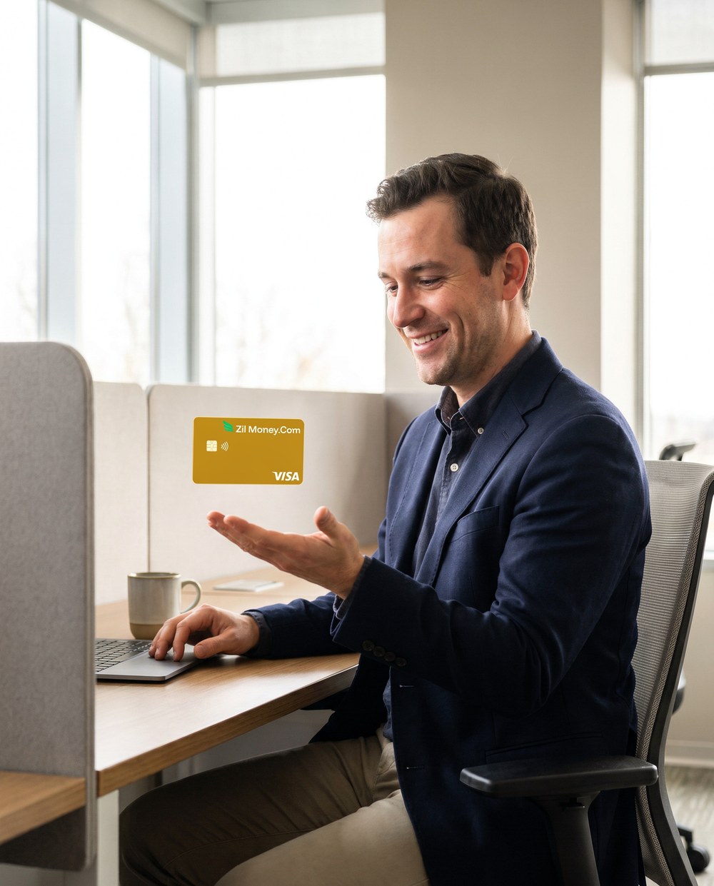 A business traveler in an airport holding a gold Zil Money.Com Visa travel card and a phone